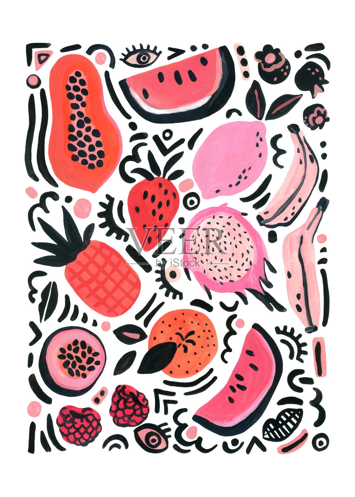 热带水果海报有西瓜，香蕉，橙子，柠檬，浆果流行艺术涂鸦插画图片素材
