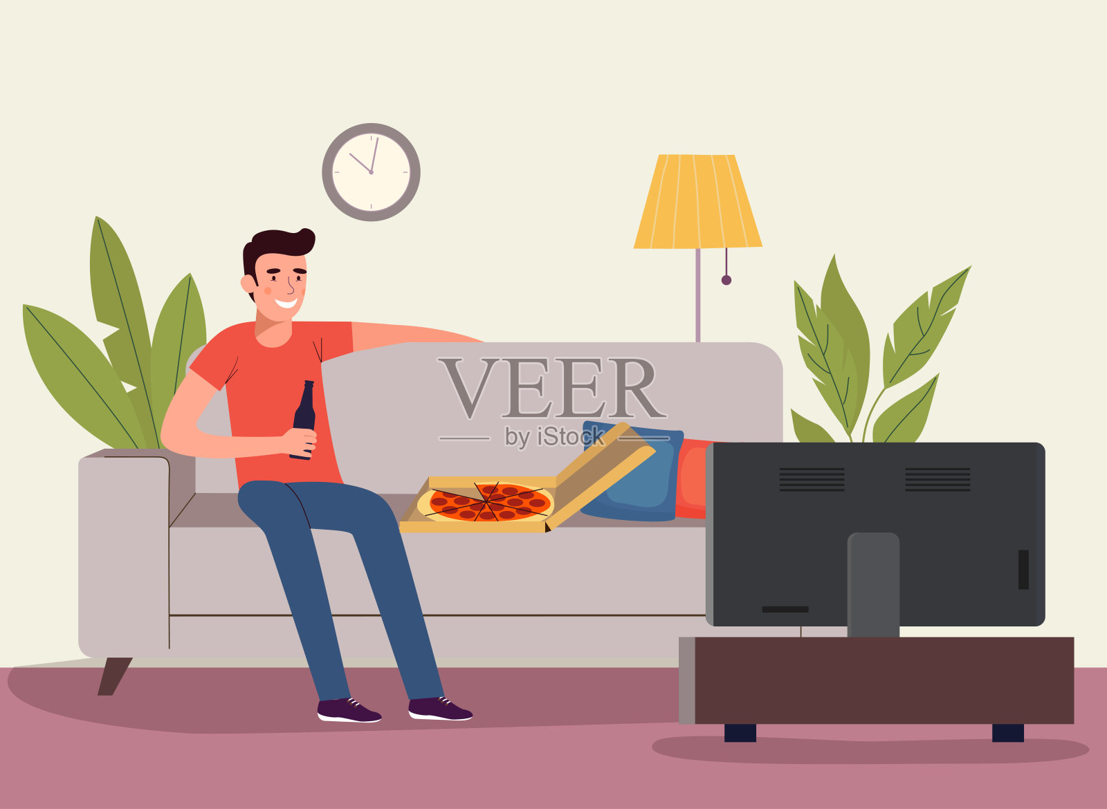 一个男人喝着啤酒，吃着披萨在电视上看足球。矢量平面样式插图插画图片素材