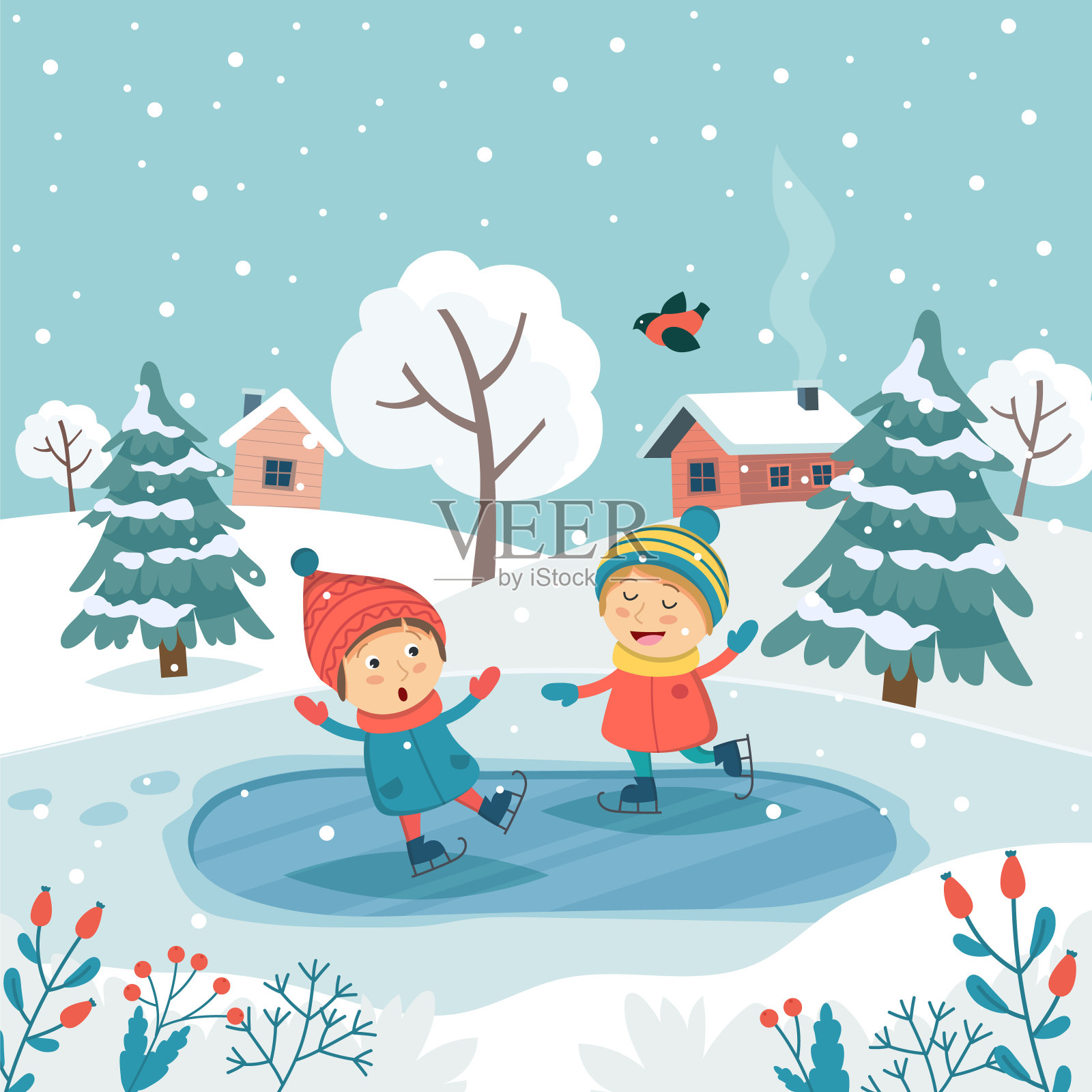 圣诞贺卡与孩子们一起滑冰。可爱的矢量插图在平面风格插画图片素材