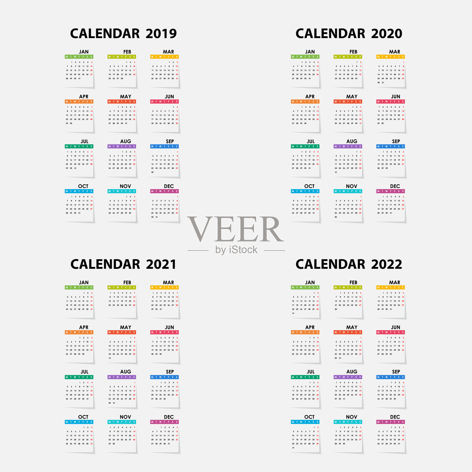 日历2019年，2020年，2021年和2022年日历模板。日历的设计。年历矢量设计文具模板。矢量插图。设计模板素材