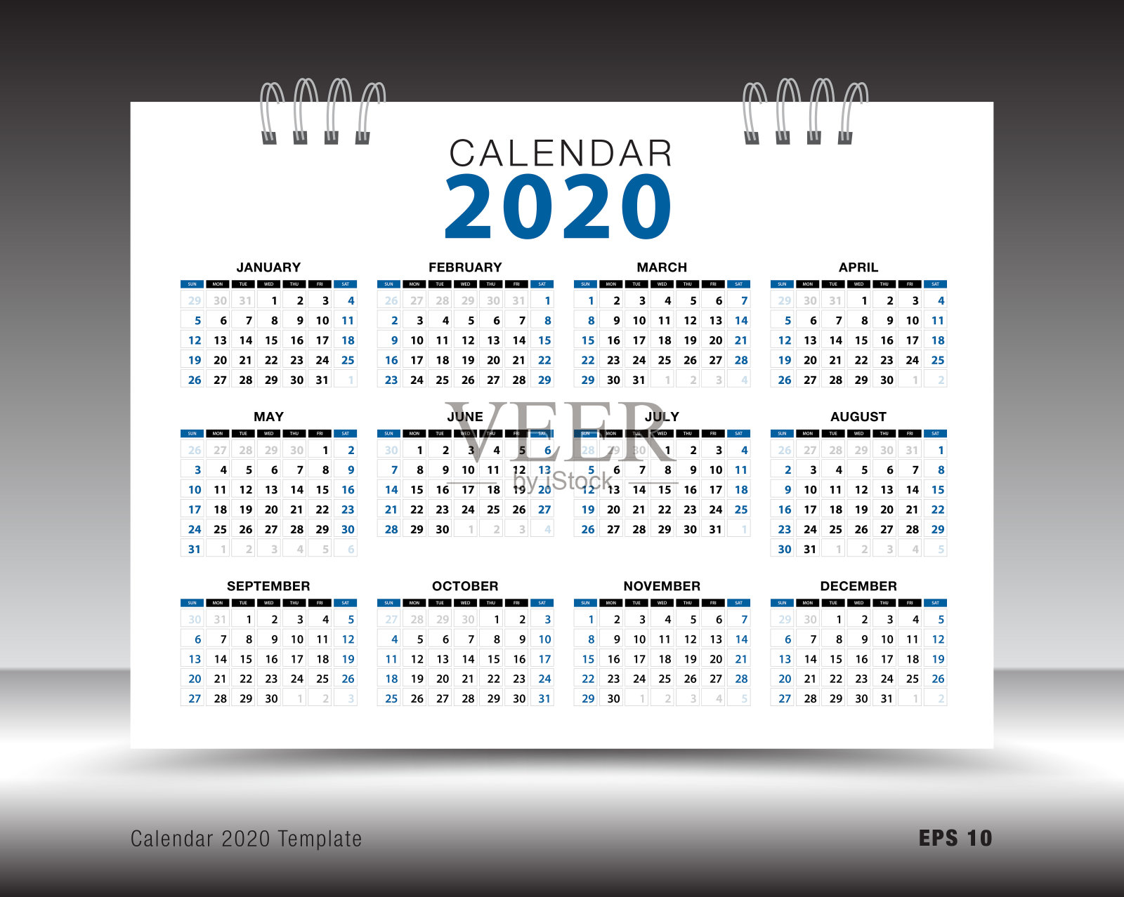 2020日历模板布局，蓝色背景，商业宣传册传单，印刷媒体，广告，简单的设计模板，创意矢量插图设计模板素材