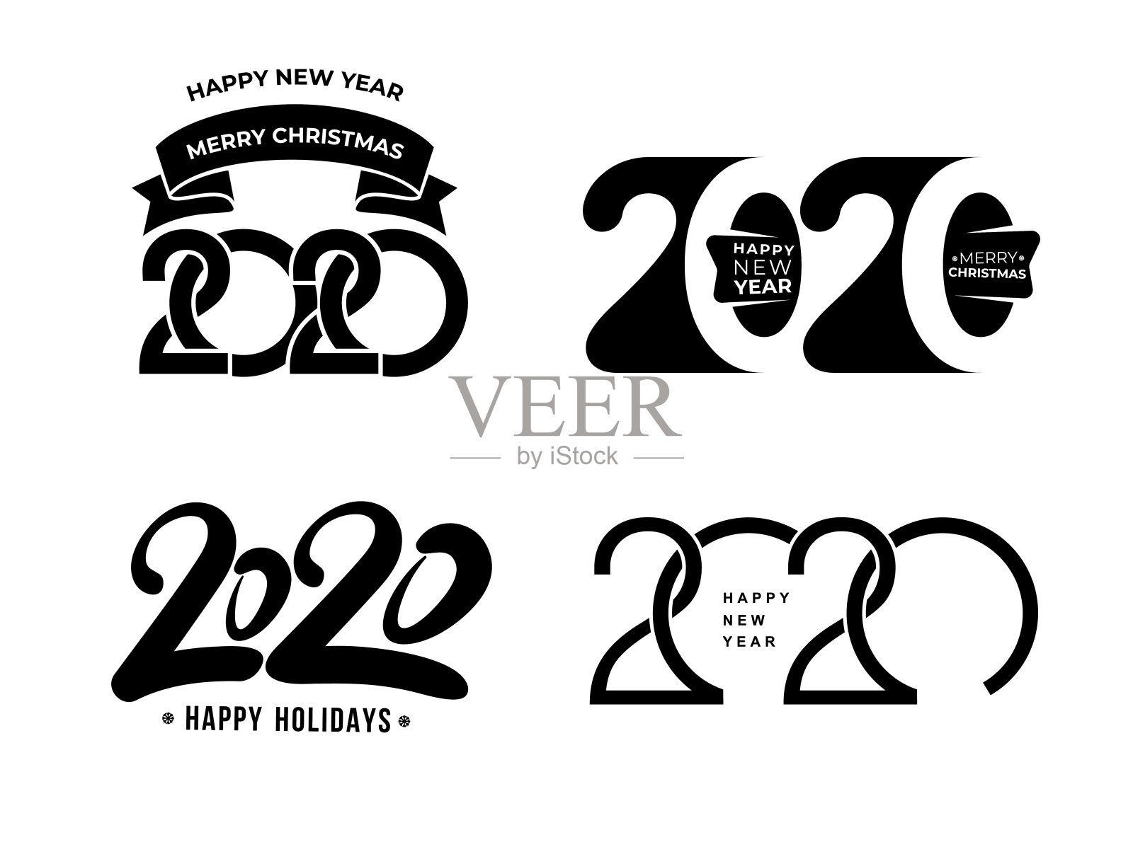 大套2020文字设计图案。收藏《新年快乐，节日快乐》。矢量插图。孤立在白色背景上。插画图片素材