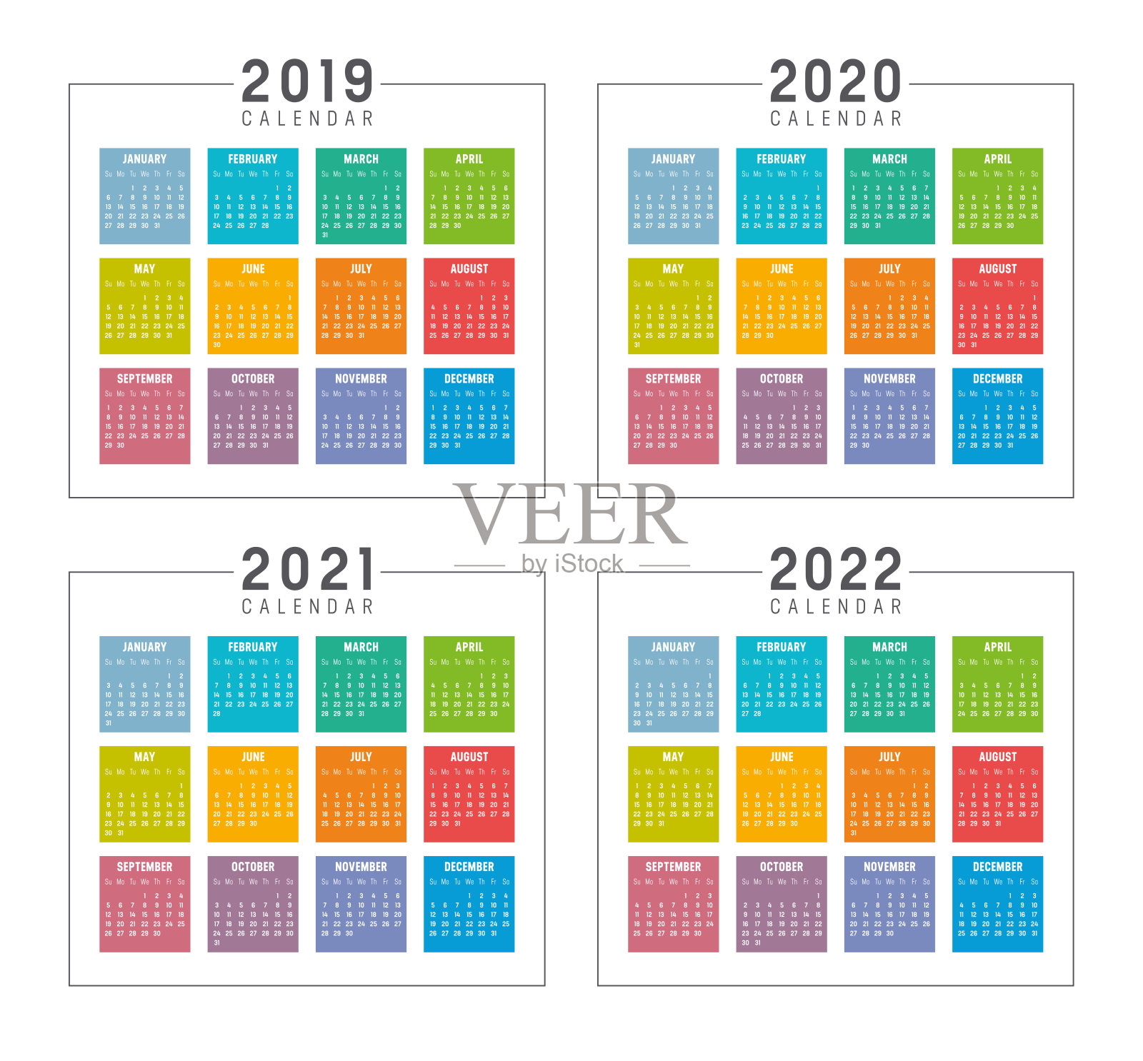 年2019 2020 2021 2022彩色日历设计模板素材