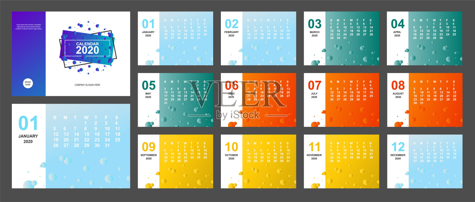 2020年新年日历页面颜色有蓝色、绿色、橙色、黄色渐变，彩色和A5大小的日记桌面。上周星期天开始。业务日和月计划器模板。矢量模拟图设计模板素材