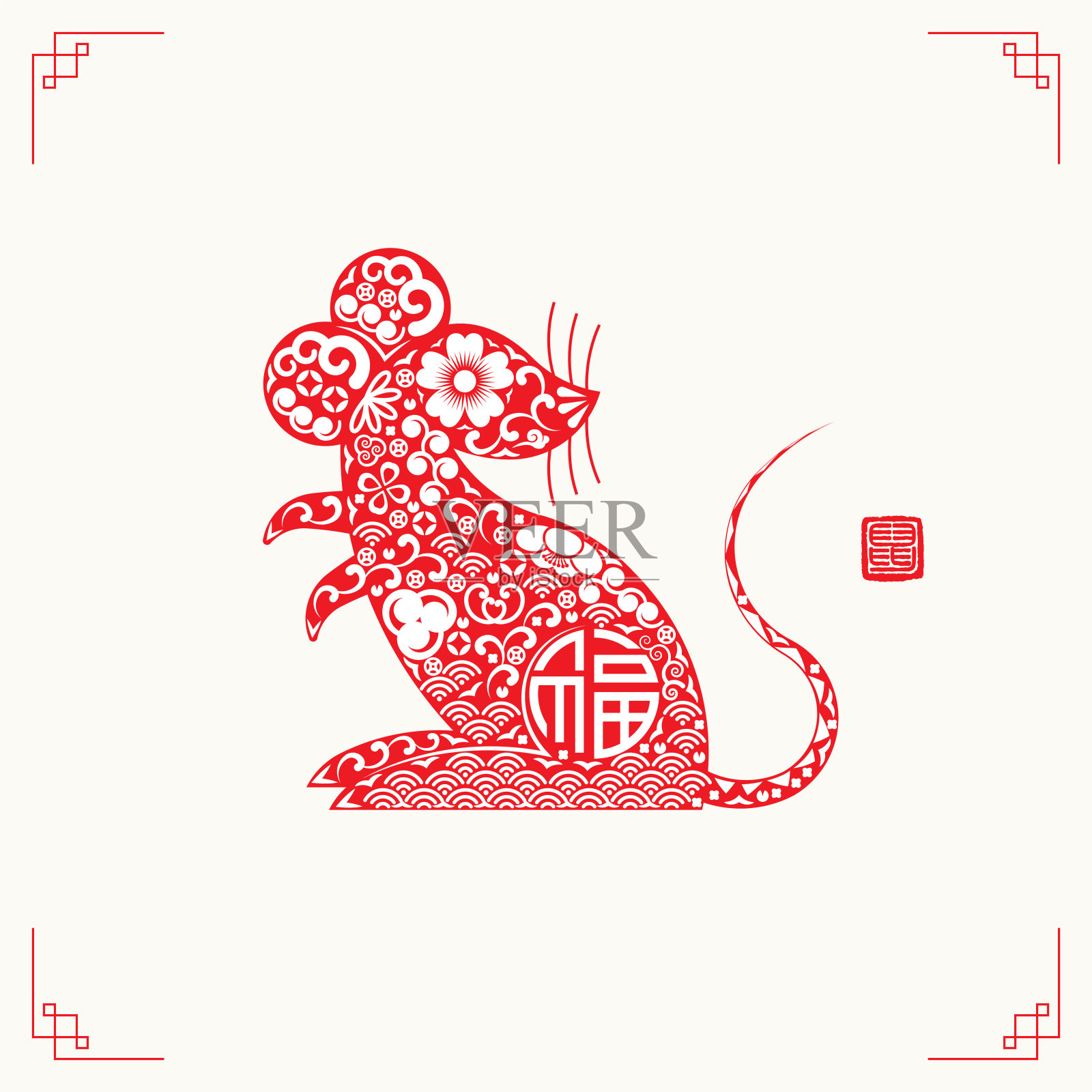 2020年春节快乐猪年剪纸风格。十二生肖标志的问候卡，传单，邀请，海报，小册子，横幅，日历。象形文字和印章:老鼠。插画图片素材