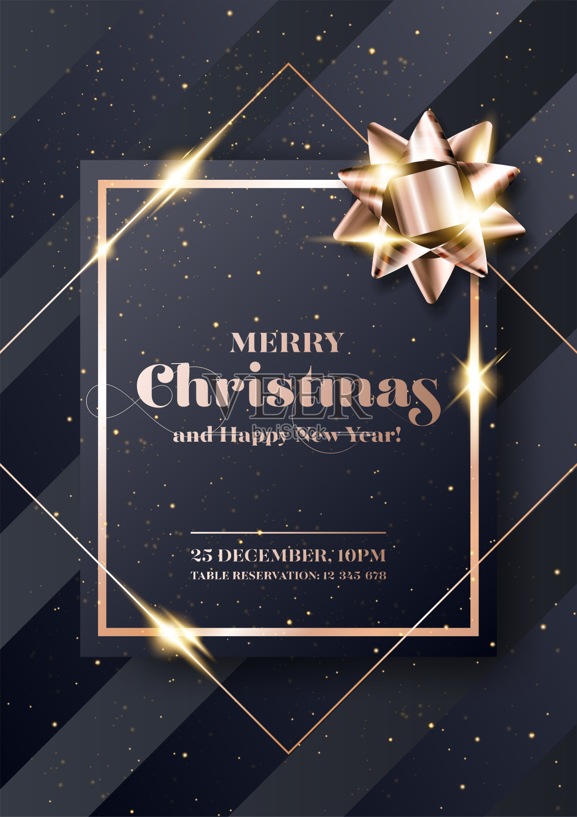 圣诞快乐向量背景。极简主义圣诞2020派对邀请，卡片，海报，封面模板在黑色和玫瑰金色。严格、奢华、别致、优雅的风格。设计模板素材