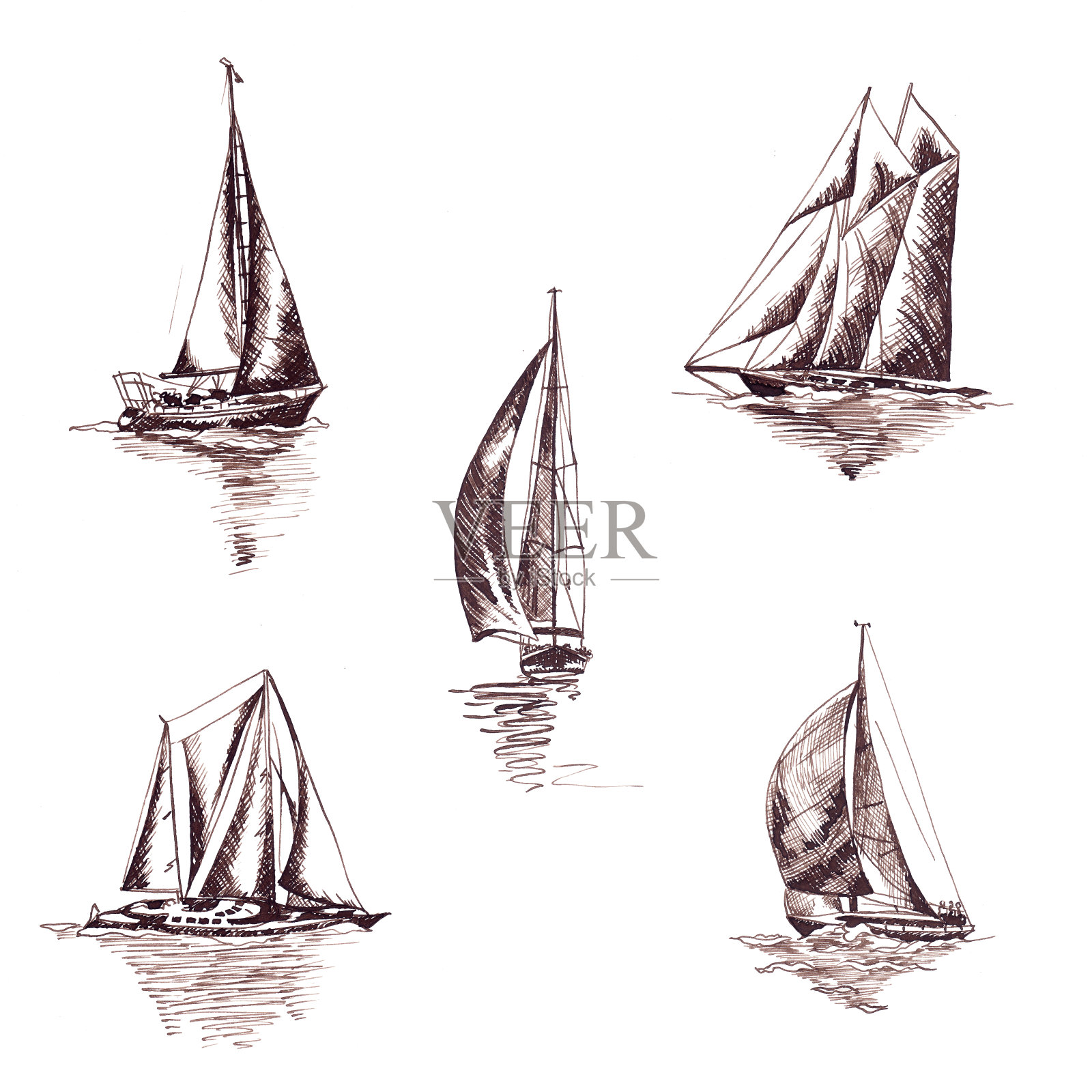 用棕色墨水画的帆船和船只插画图片素材