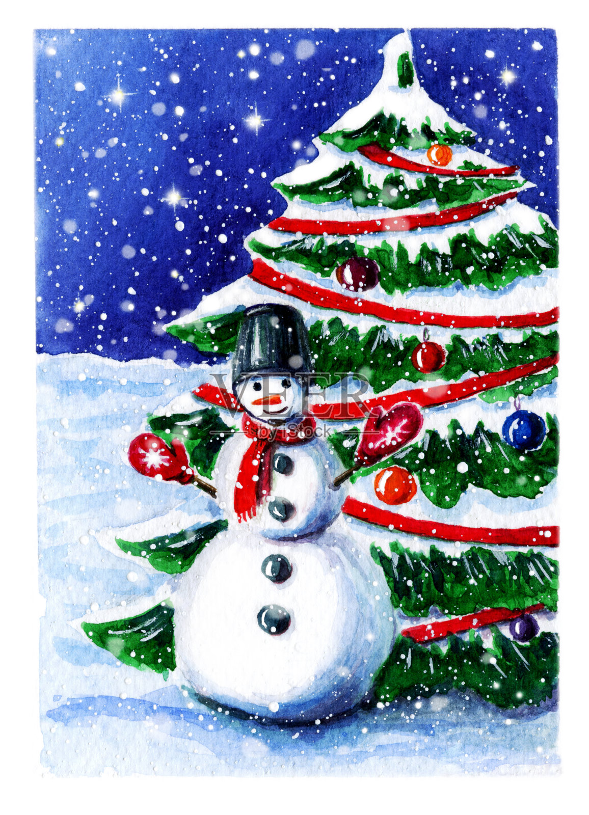 水彩画的冬天场景与雪人和雪花。可爱的季节景观与微笑的雪人附近云杉圣诞树。圣诞贺卡模板，圣诞横幅，寒假海报插画图片素材