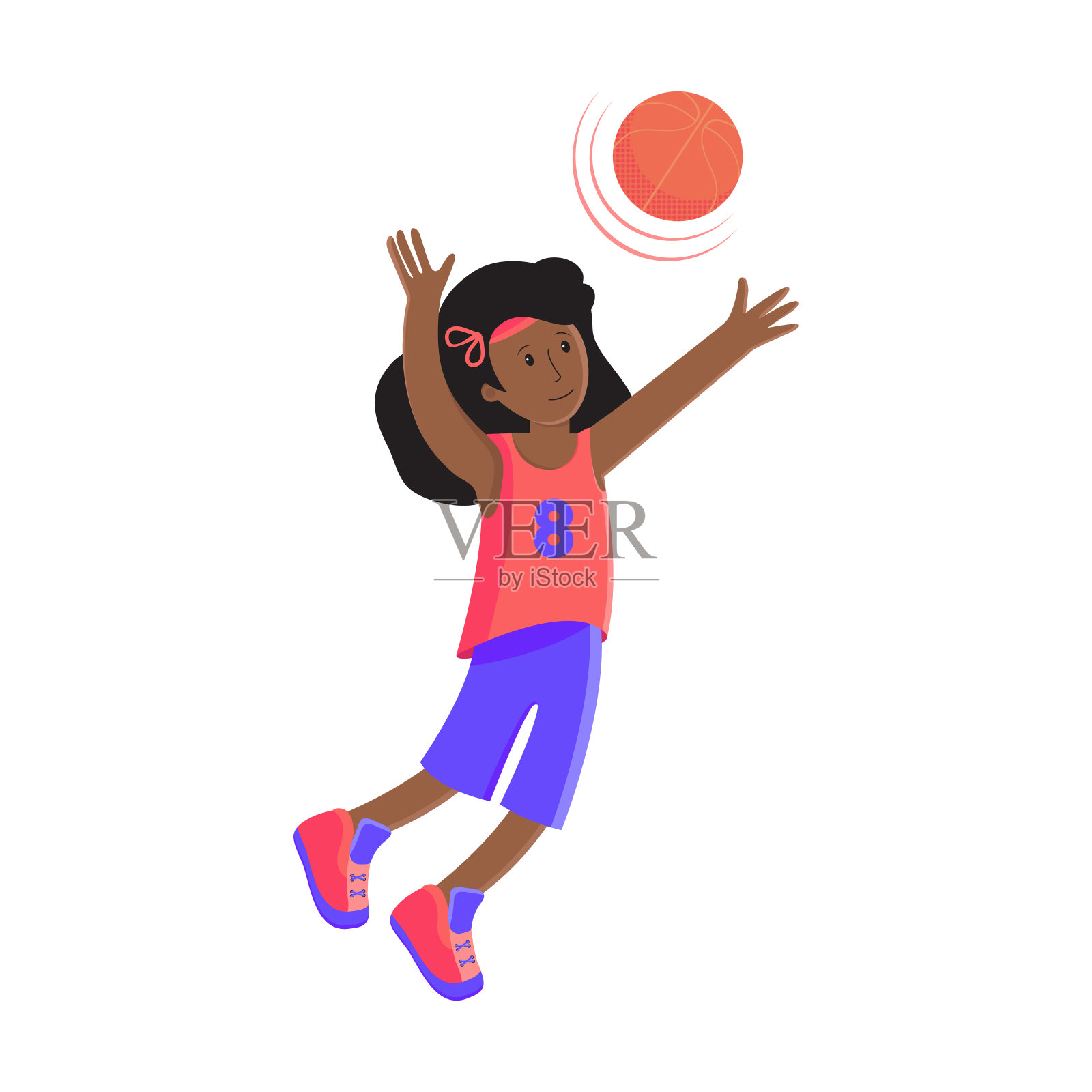 女篮球运动员拿着球。孩子打篮球。彩色卡通插图在平面矢量。孩子的运动。体育团队游戏。健康的生活方式。用球玩游戏。女孩的运动员。插画图片素材