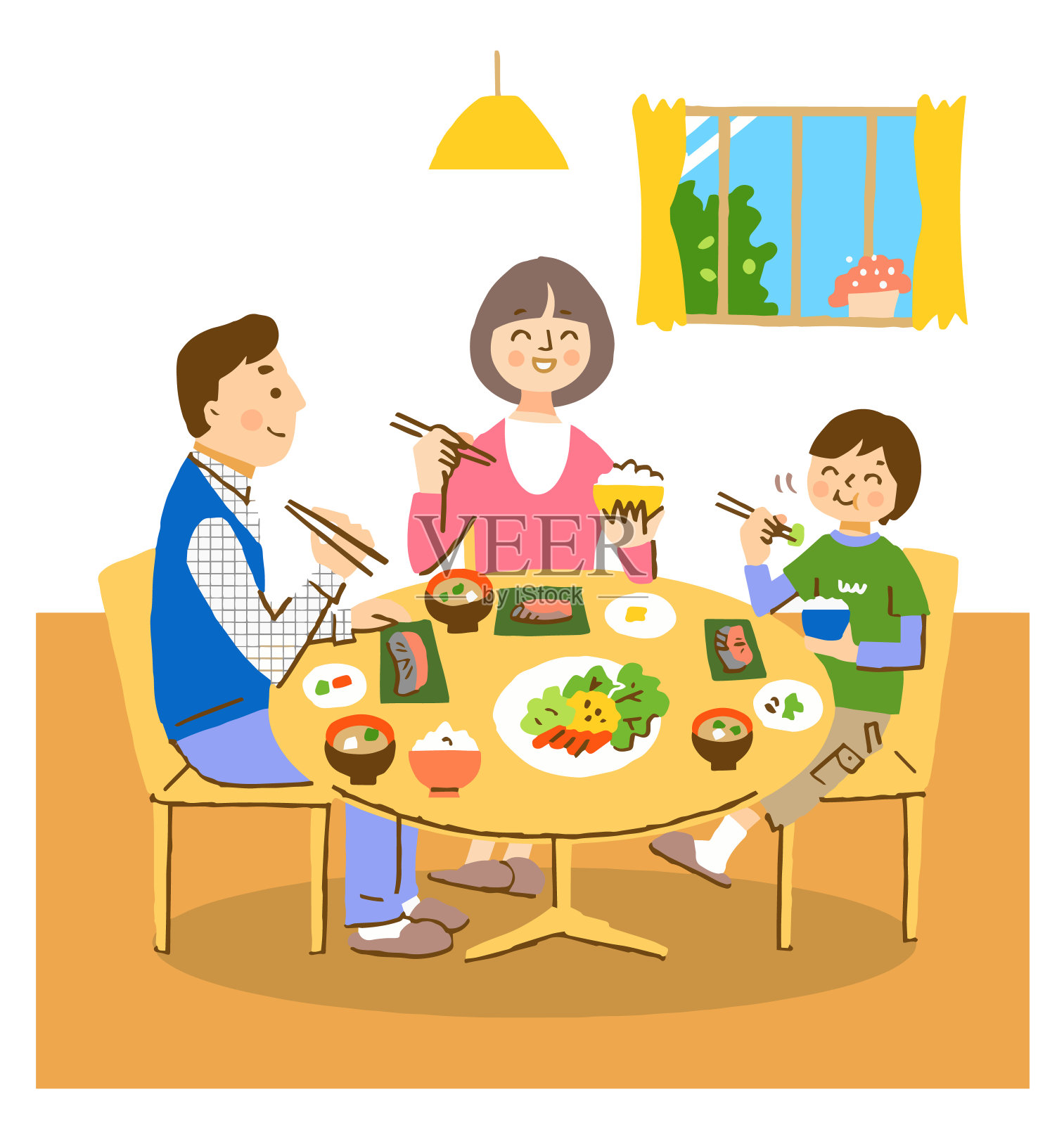 一家三口笑着吃日本菜插画图片素材