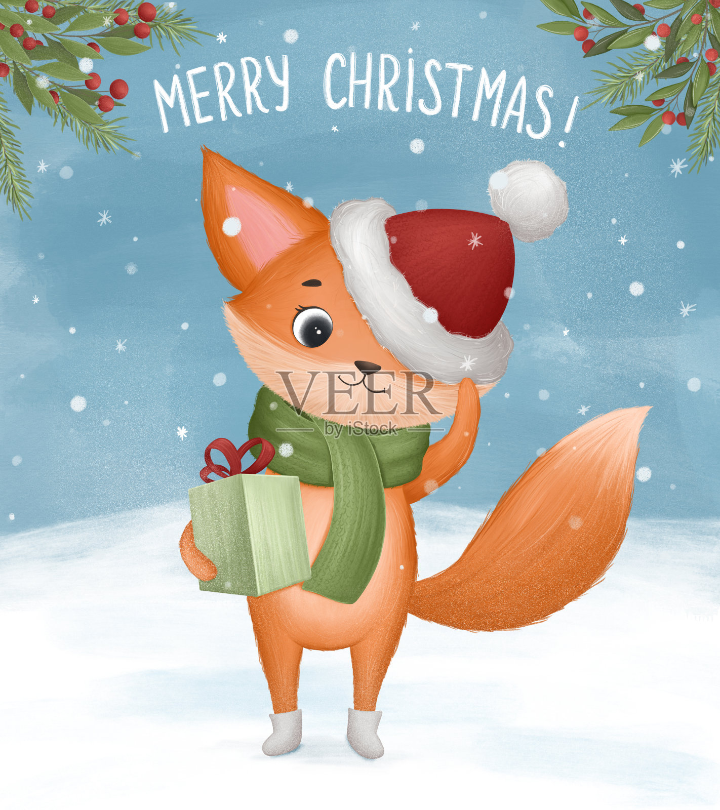 小狐狸爪子里拿着圣诞礼物设计模板素材