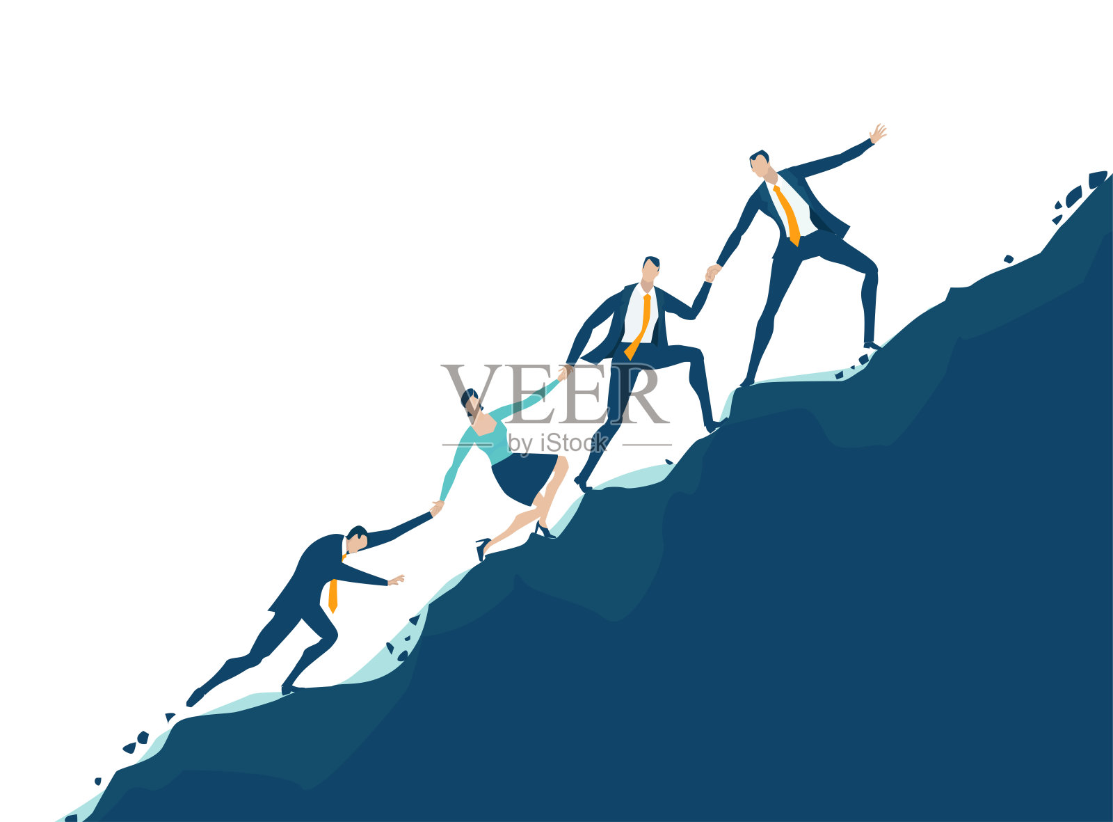 团队的商务人士攀登到山顶的山峰。支持，合作，走向成功的理念。插画图片素材
