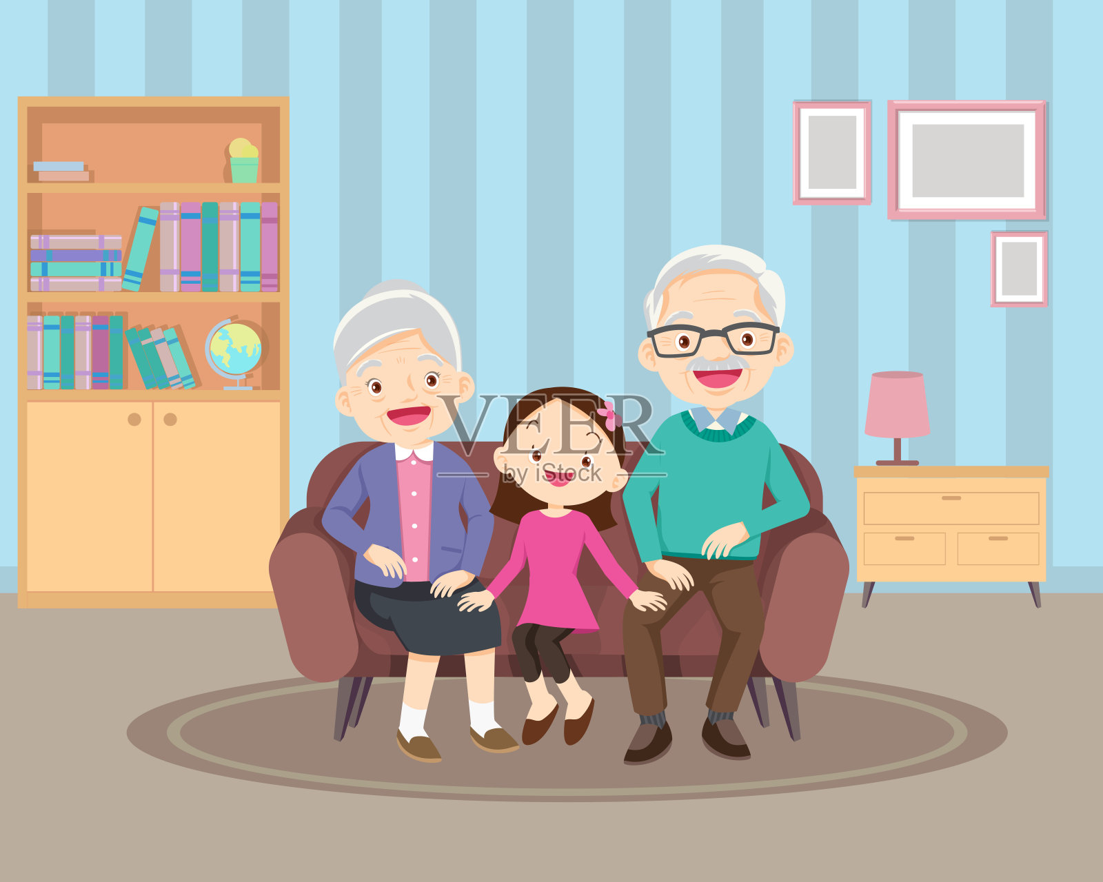 爷爷奶奶和孩子们坐在沙发上插画图片素材