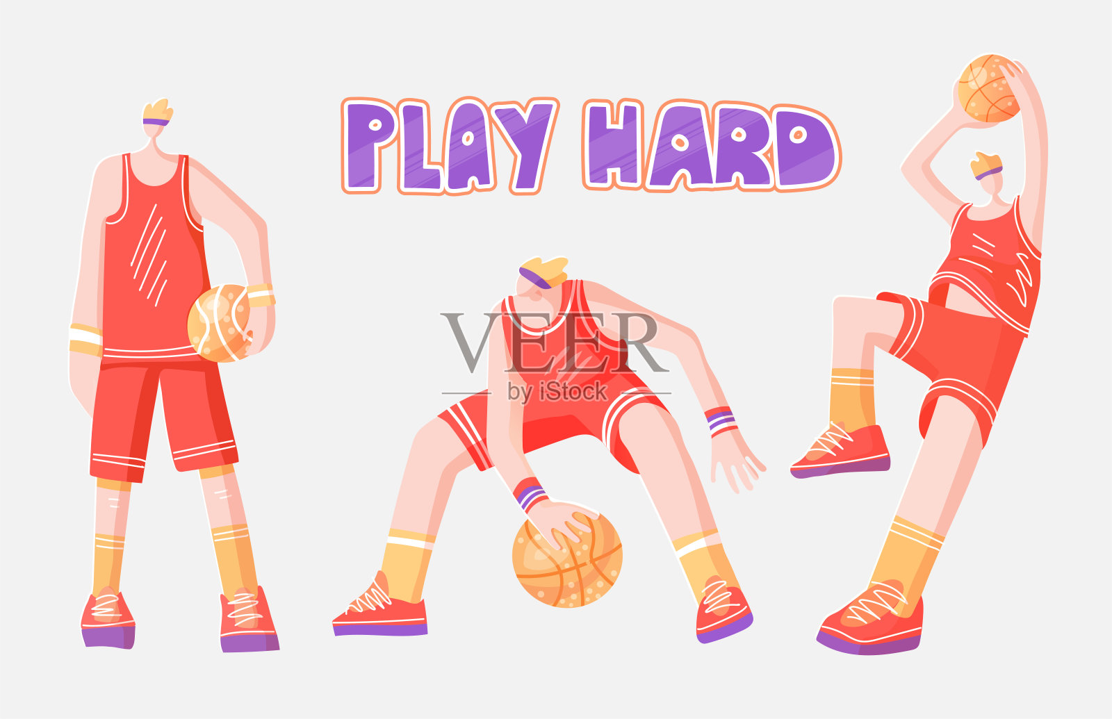 向量平收集篮球运动员。男人在打篮球，把球投进篮筐，玩球和站直，动感活跃的运动和篮球。职业篮球运动员，矢量插图插画图片素材