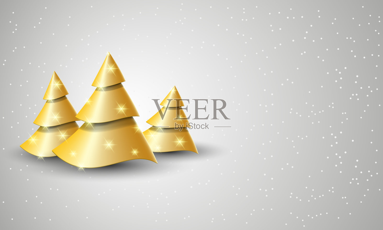 抽象的金色3D圣诞树与雪的背景。新年现实圆锥形树。设计贺卡，圣诞背景，横幅，海报与复制空间。插画图片素材
