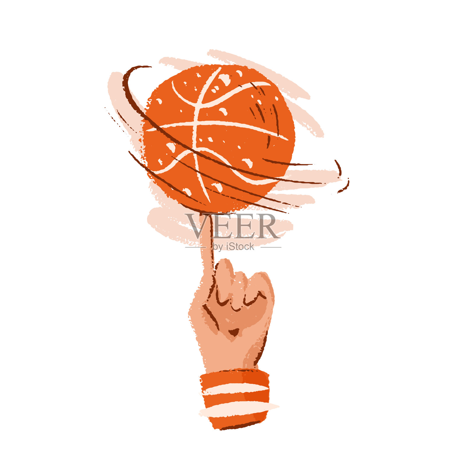 矢量手画篮球在手指上的插图。职业篮球比赛的诀窍。用手指旋转篮球，矢量草图纹理图标隔离在白色上插画图片素材