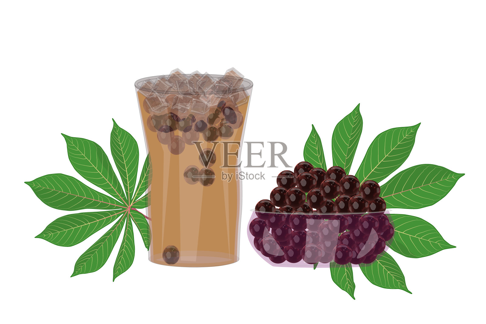 珍珠奶茶，木薯和木薯叶孤立在白色背景。插画图片素材