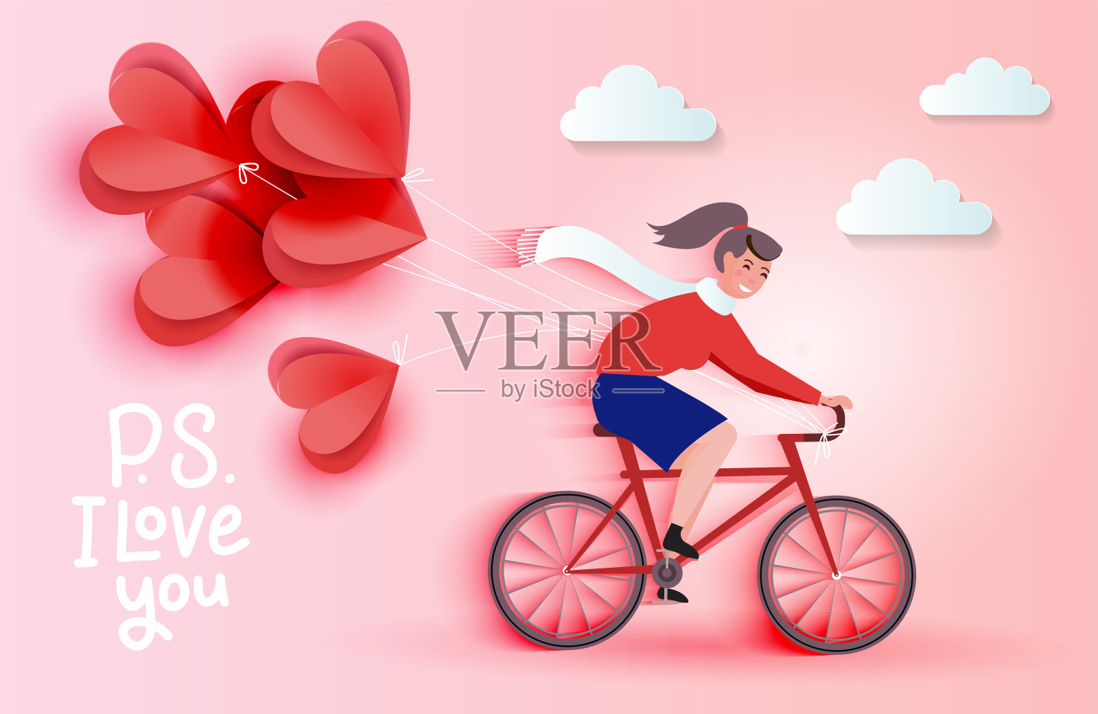 年轻女子骑着自行车，拿着红色的心形剪纸气球。爱情浪漫卡片的概念。情人节快乐墙纸，海报。矢量插图与字母P.S.我爱你插画图片素材