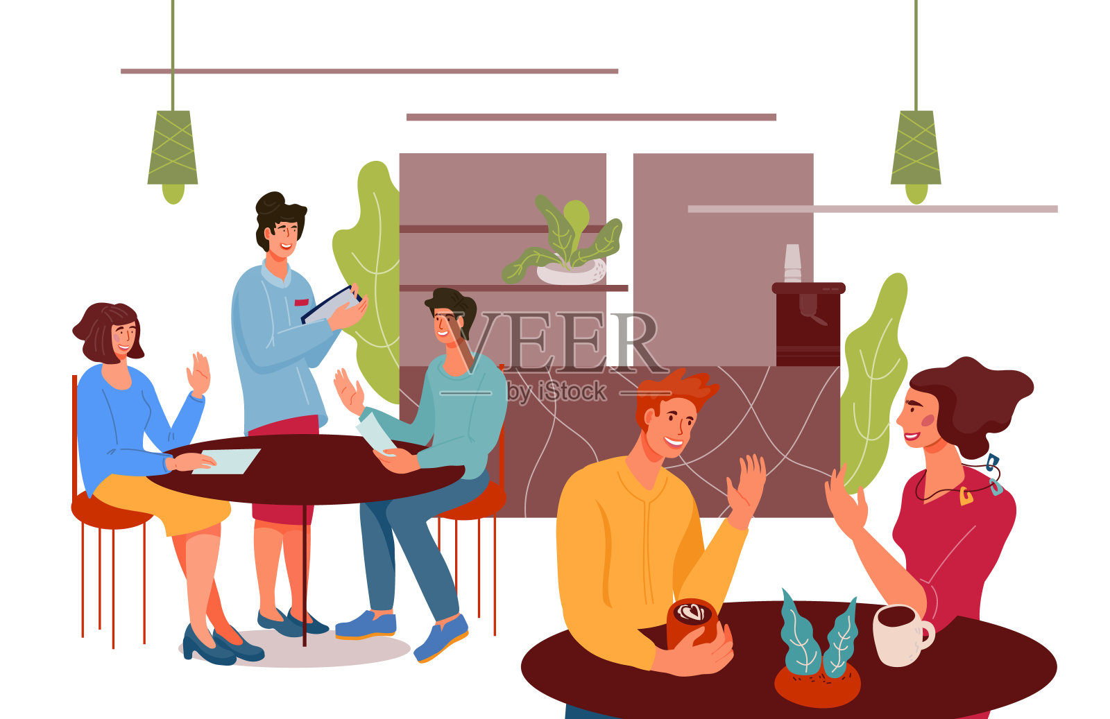 人物卡通人物坐在咖啡馆或咖啡厅的桌边，平面矢量插图插画图片素材