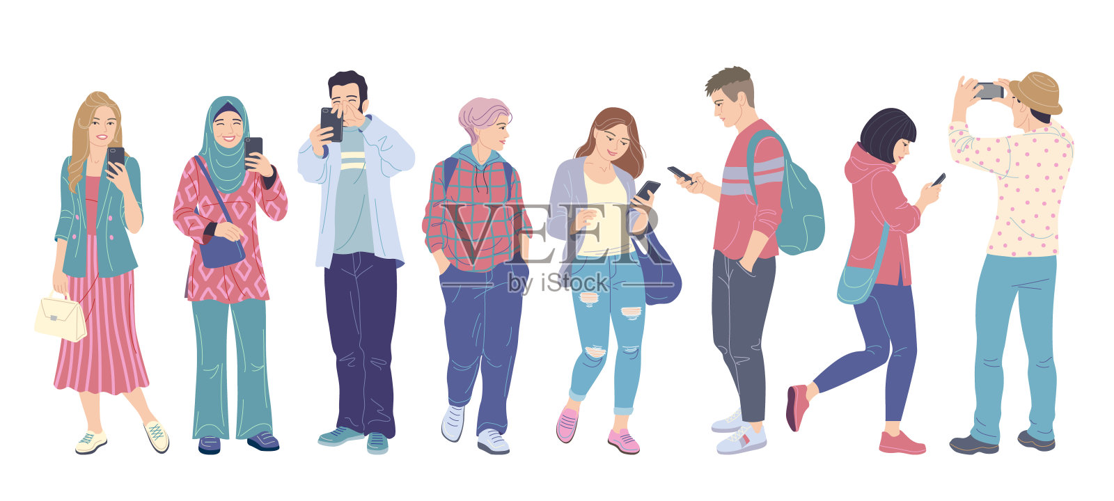 男性和女性与智能手机平面插图插画图片素材