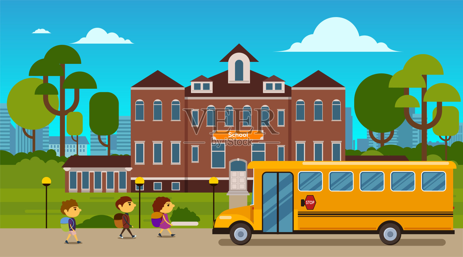 校舍，公共汽车和学校前院与孩子们去上学。平的风格。矢量图插画图片素材