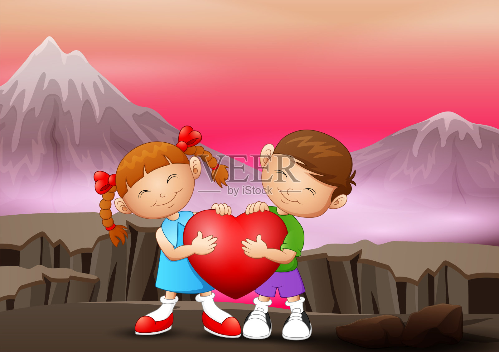 两个孩子拿着一颗心站在悬崖上插画图片素材