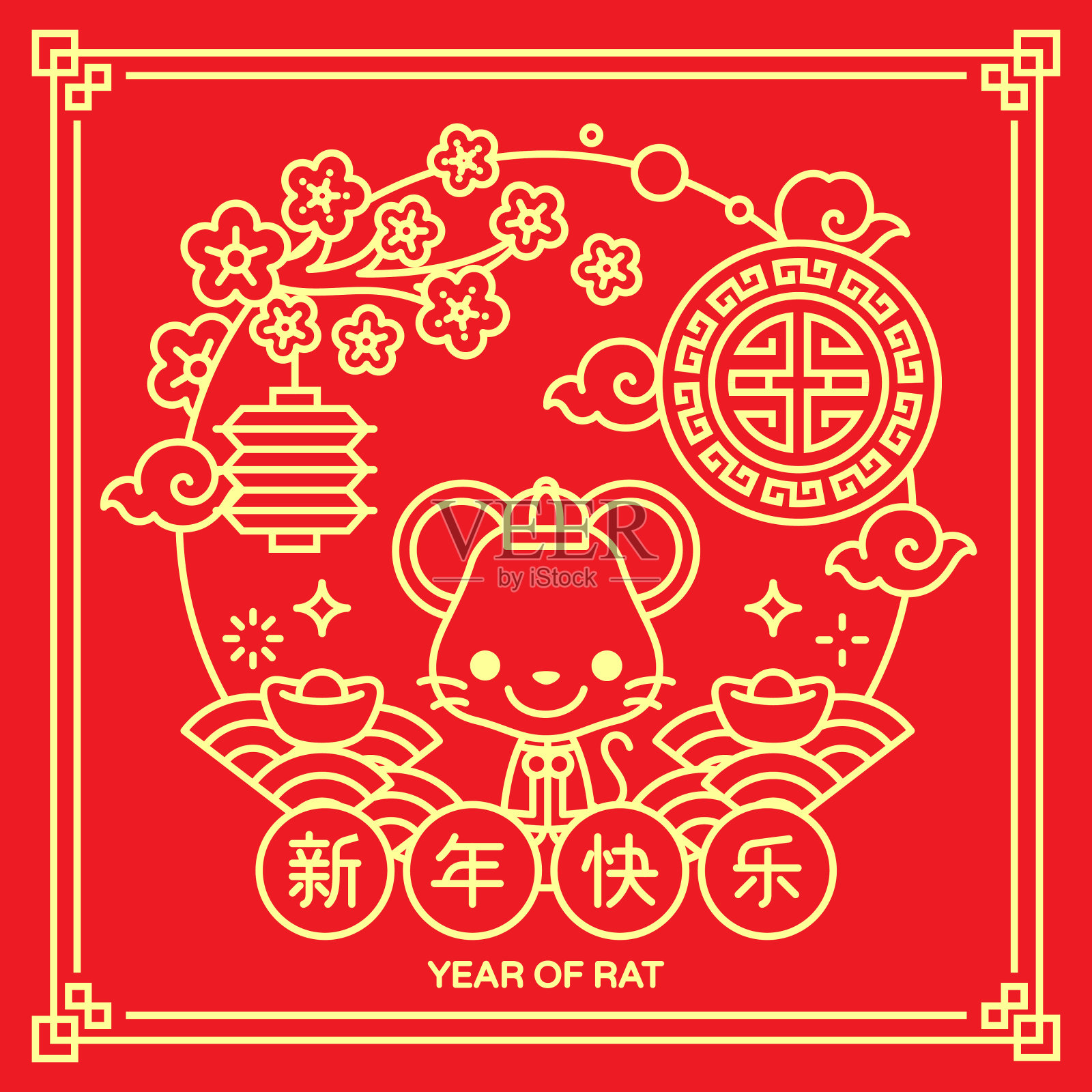中国鼠年线徽章矢量插图。插画图片素材