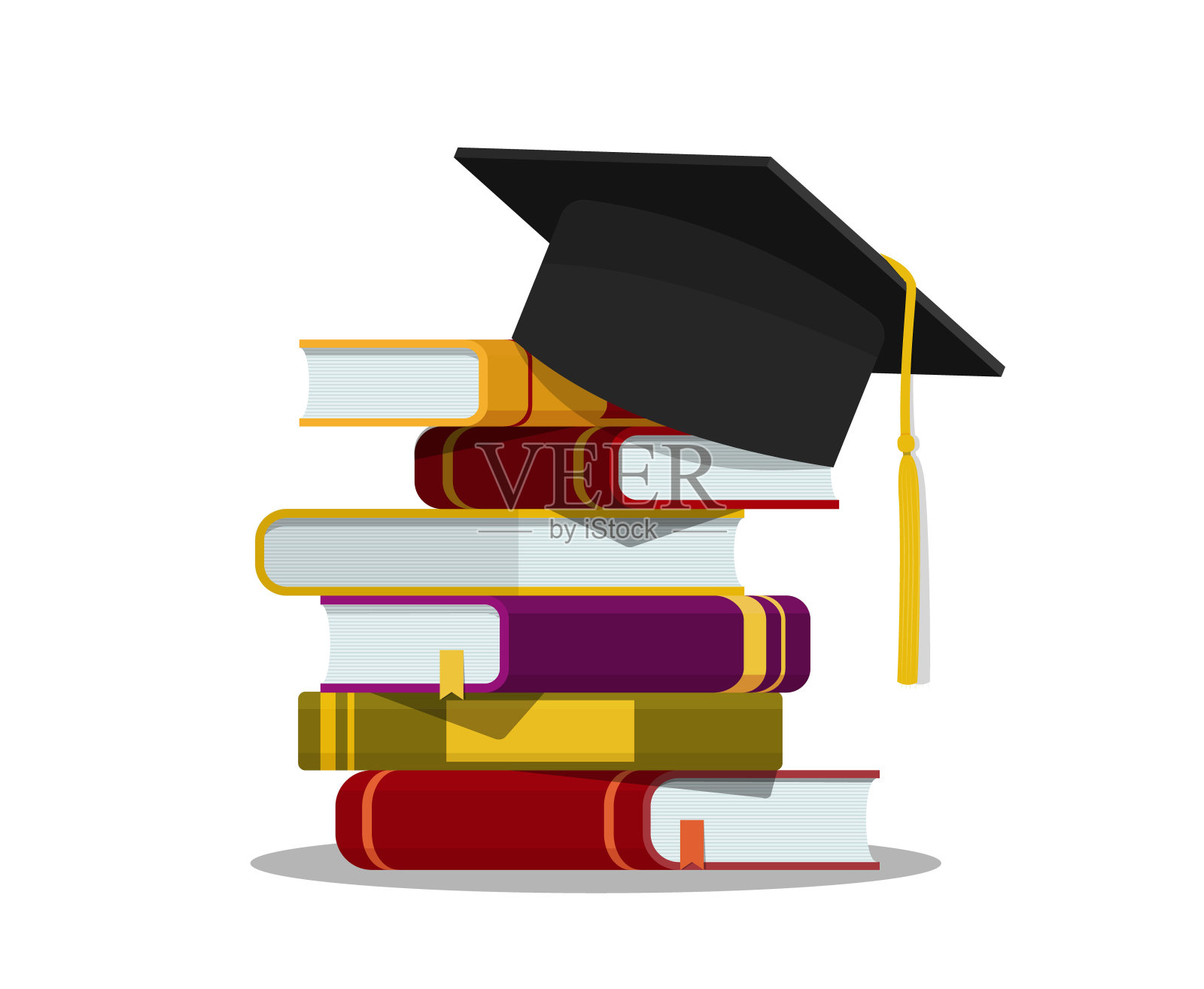 31、叠书毕业帽。教育理念。毕业帽就堆在书上孤立背景。成功学习的学校。平面文学图书馆、词典、小说。向量设计元素图片