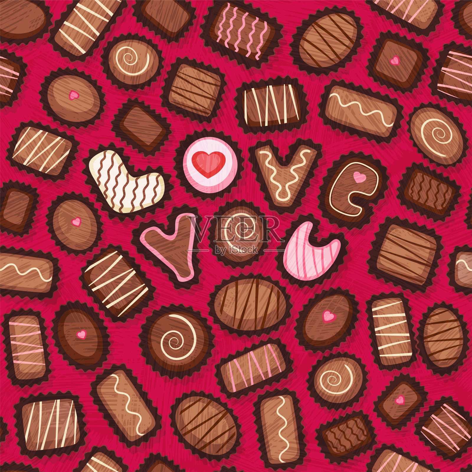 无缝图案的情人节糖果。花式巧克力夹心糖，上面写着爱你的信息。插画图片素材