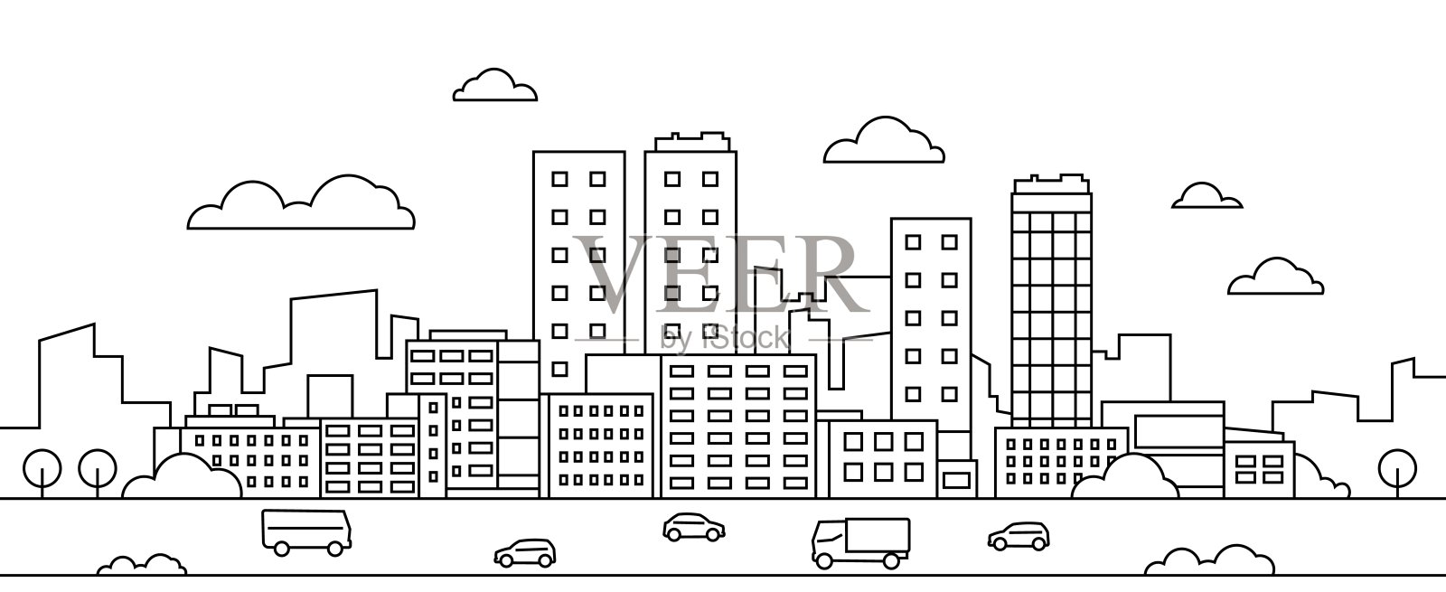 线城市景观。城市城市景观与摩天大楼，建筑，街道，公园和汽车，现代线性背景。向量的市中心设计元素图片