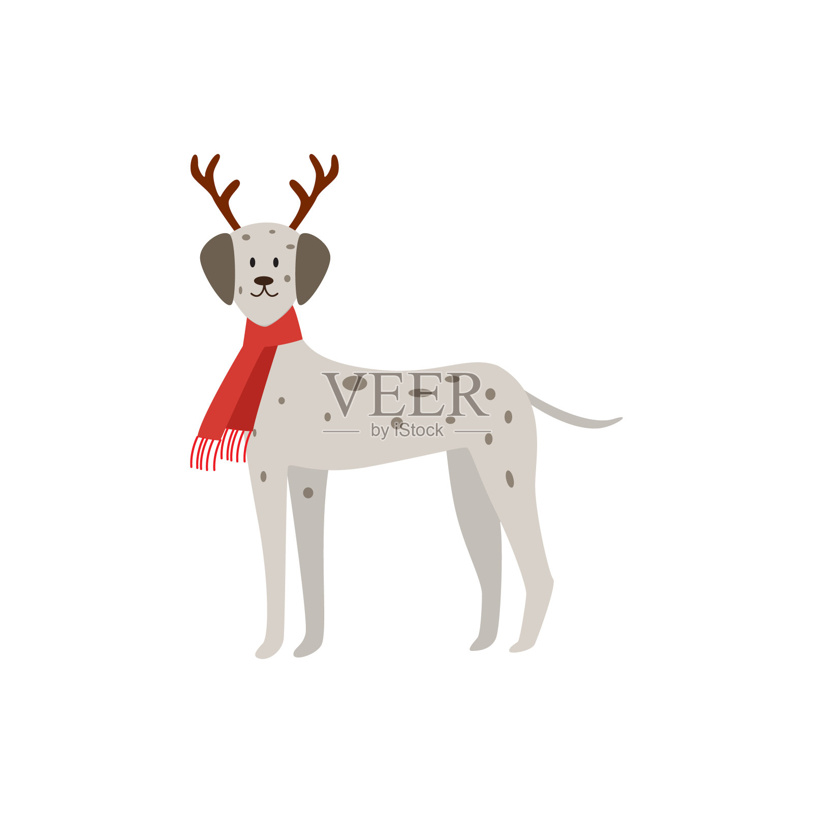 圣诞斑点狗-戴着鹿角和红色节日围巾的狗插画图片素材