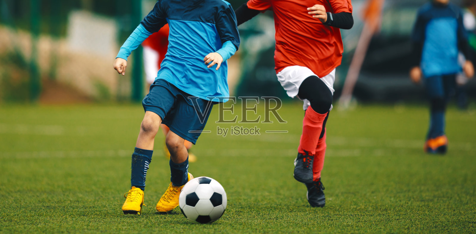 青年足球锦标赛。青年运动员在草地体育场踢足球比赛。两名身穿红衫和蓝衫的少年足球运动员争夺足球照片摄影图片