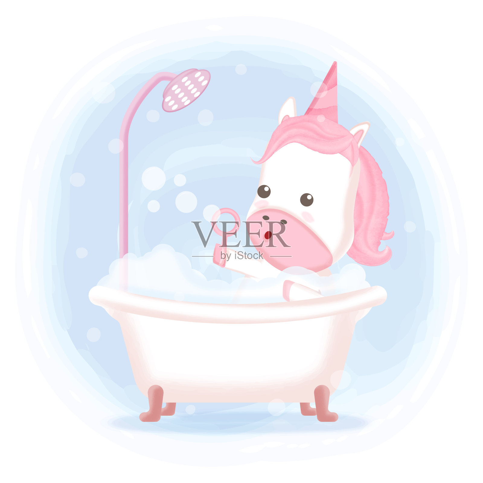可爱的独角兽在浴缸里洗澡手绘卡通插图设计元素图片