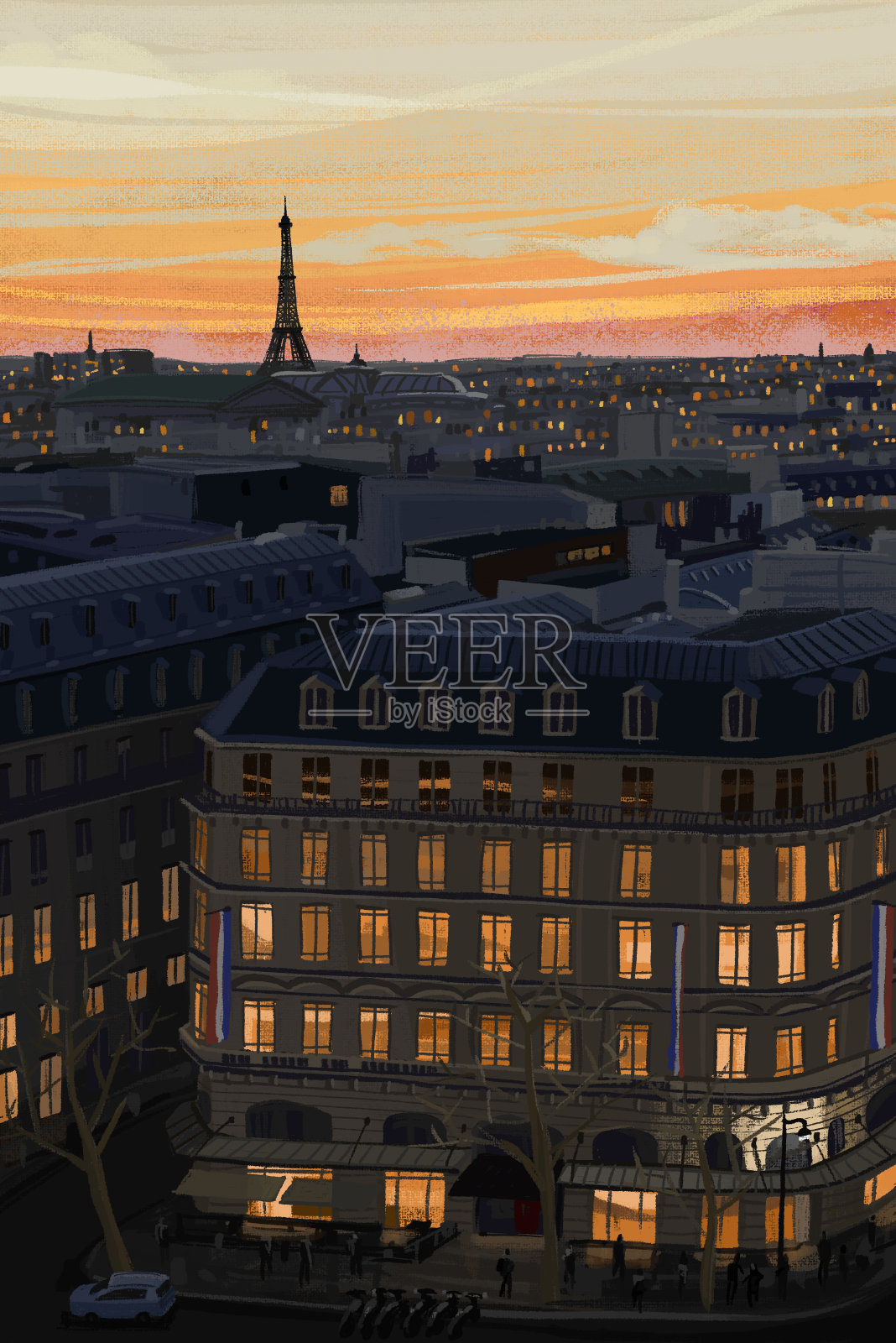 日落时分埃菲尔铁塔的巴黎城市景观插画图片素材