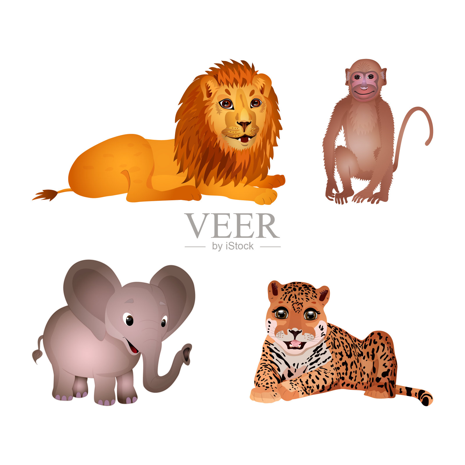 一组不同的动物孤立在白色背景上。狮子，猴子，大象，老虎。平的风格。矢量图设计元素图片
