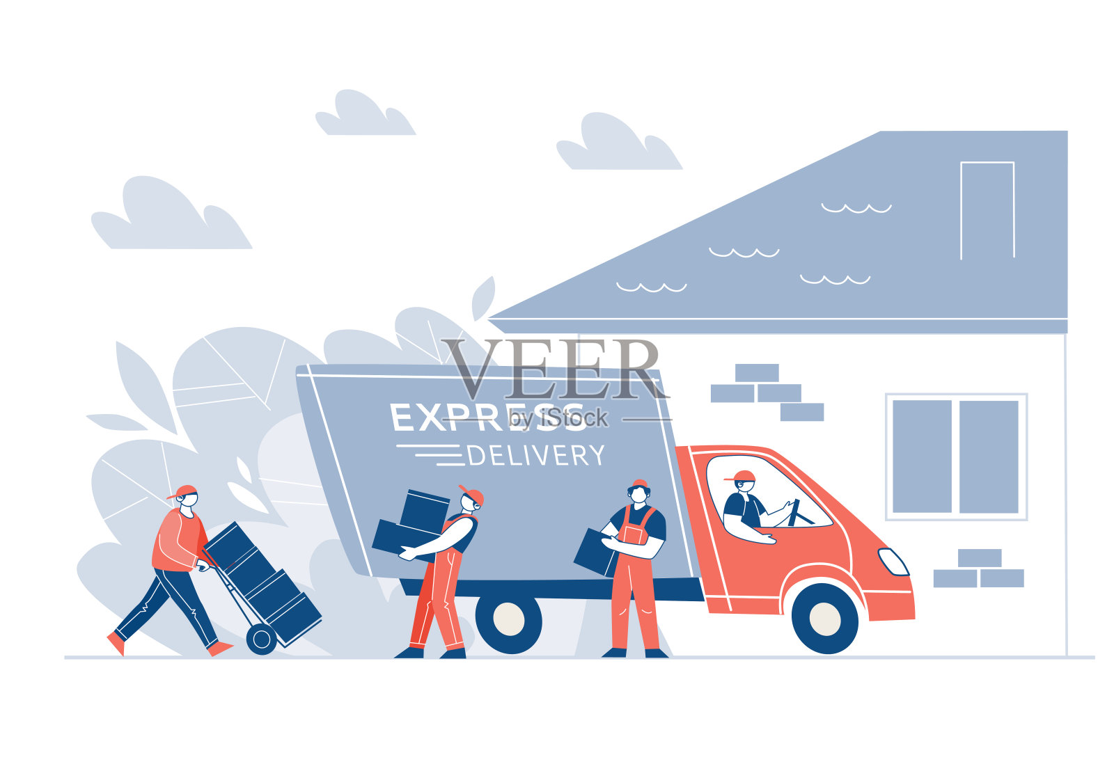 在家里用卡车运送货物。快速运输的概念。装卸工，搬运箱子的人。插画图片素材