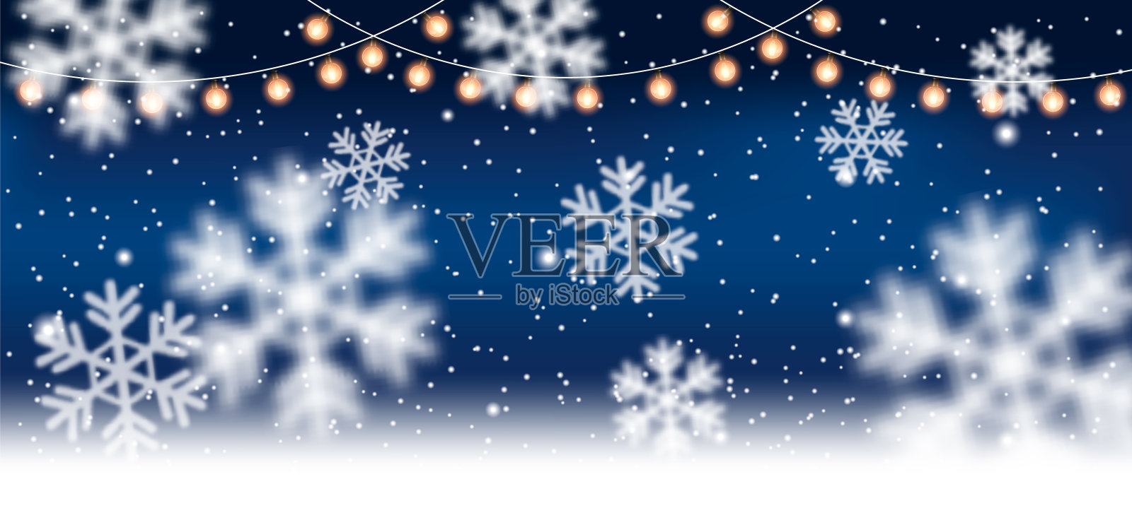 圣诞节，白雪皑皑的背景下点缀着轻盈的花环，飘落的雪花、雪花、雪堆迎来了冬天和新年的节日。矢量图插画图片素材
