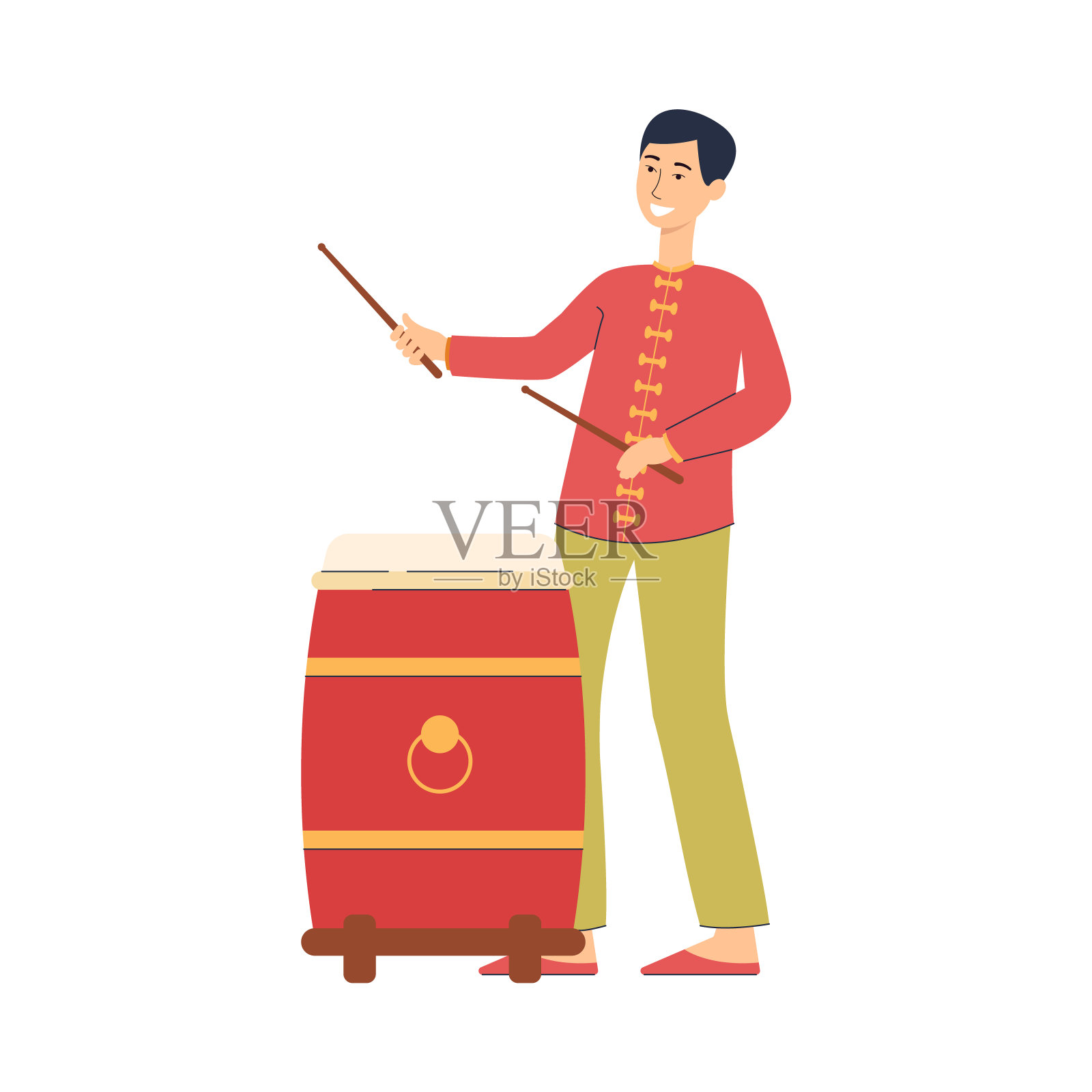 卡通人物穿着中国传统节日的服装打红鼓插画图片素材