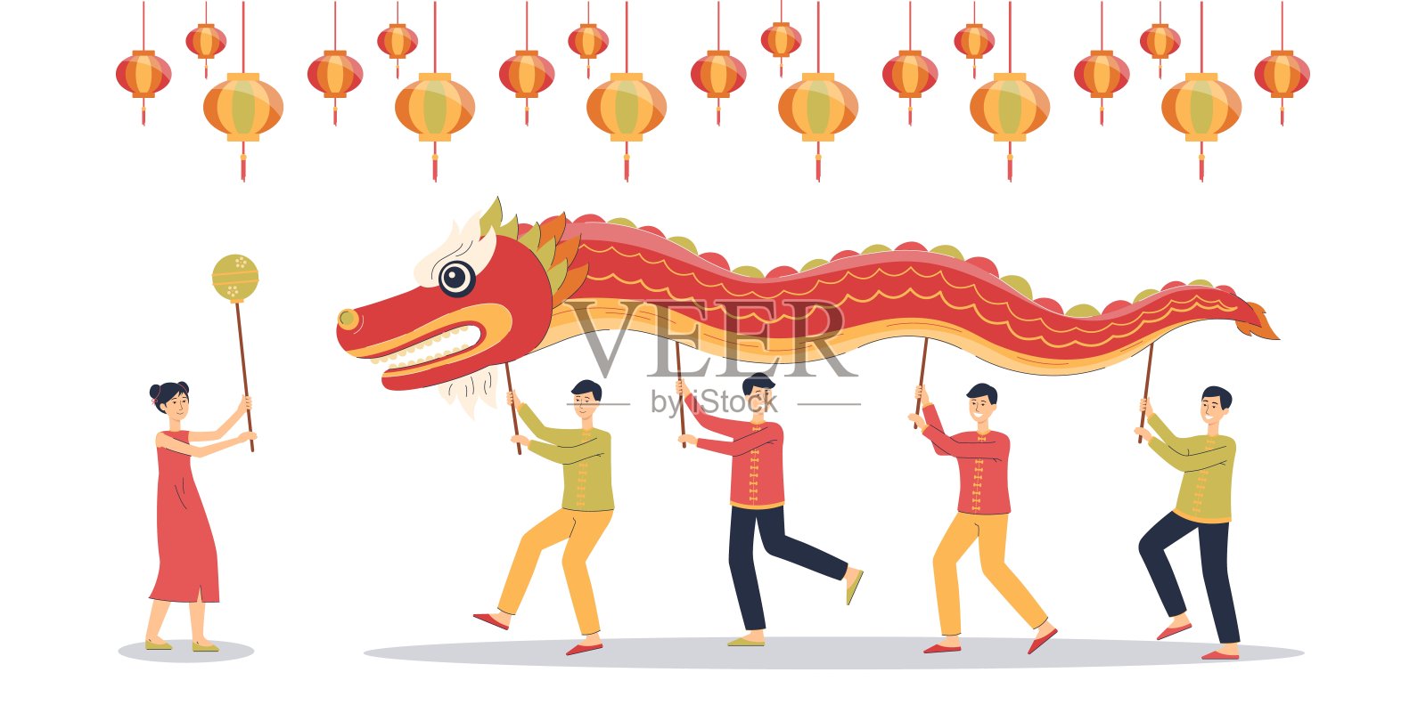卡通人物头上举着中国红龙吉祥物插画图片素材