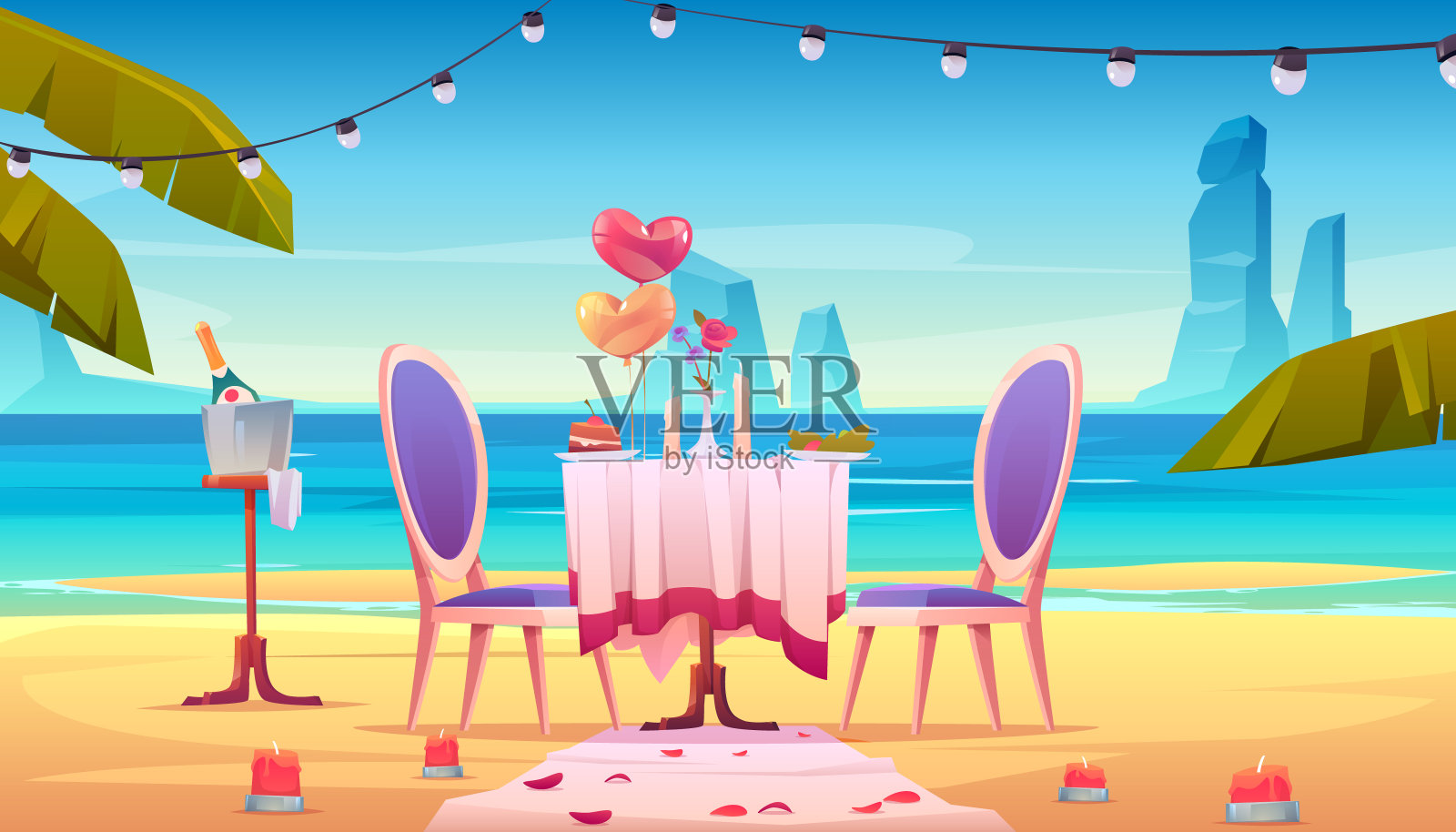 海滩餐桌，浪漫约会插画图片素材