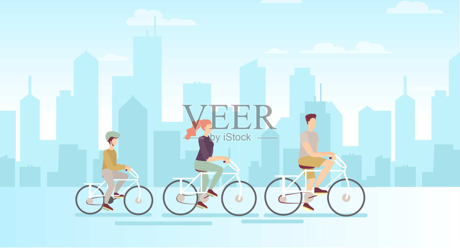 在大现代城市背景上骑自行车的家庭矢量插图。爸爸妈妈和儿子骑着自行车，平面卡通风格。设计元素图片