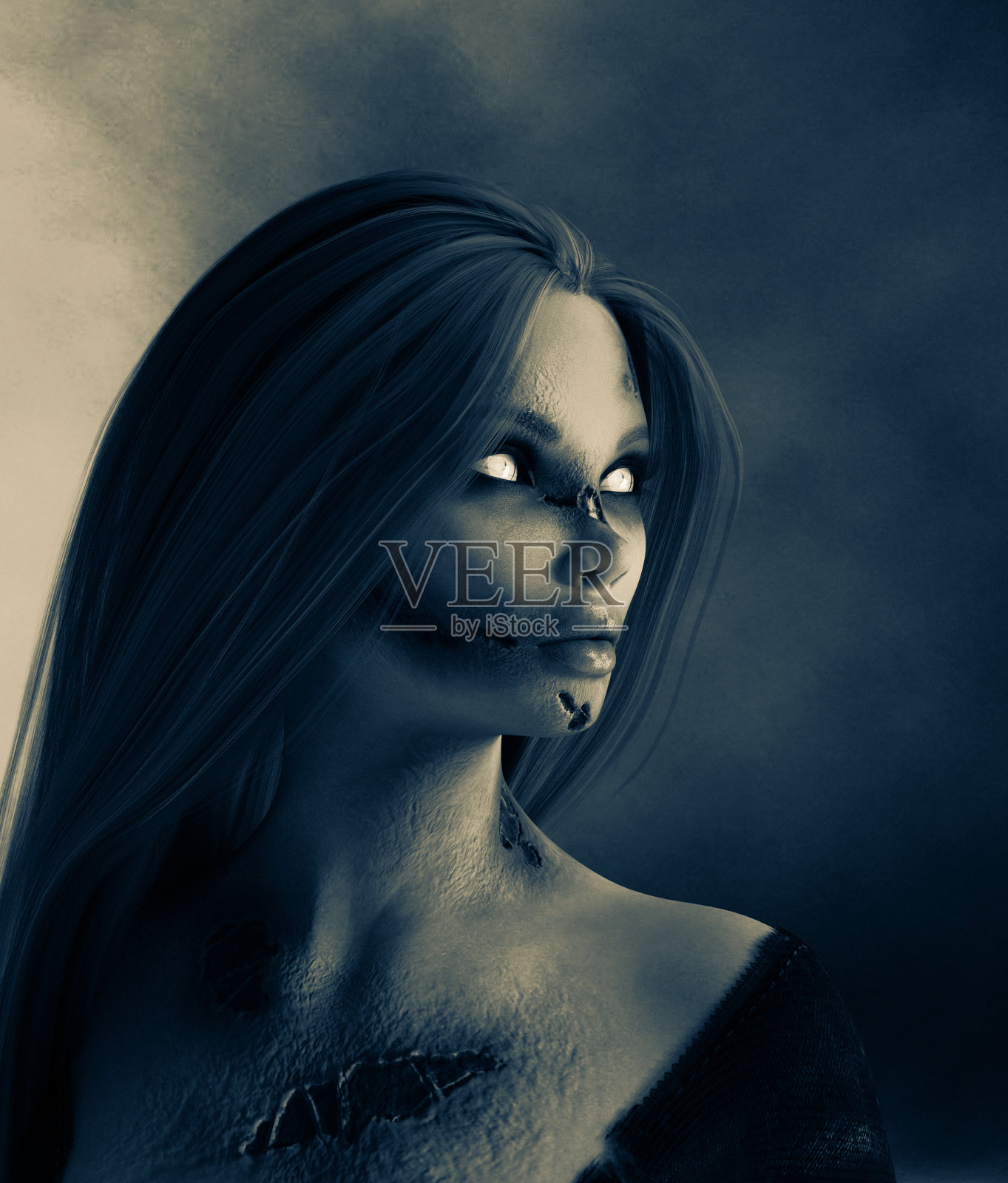 近距离的幽灵女人肖像，3d渲染插画图片素材