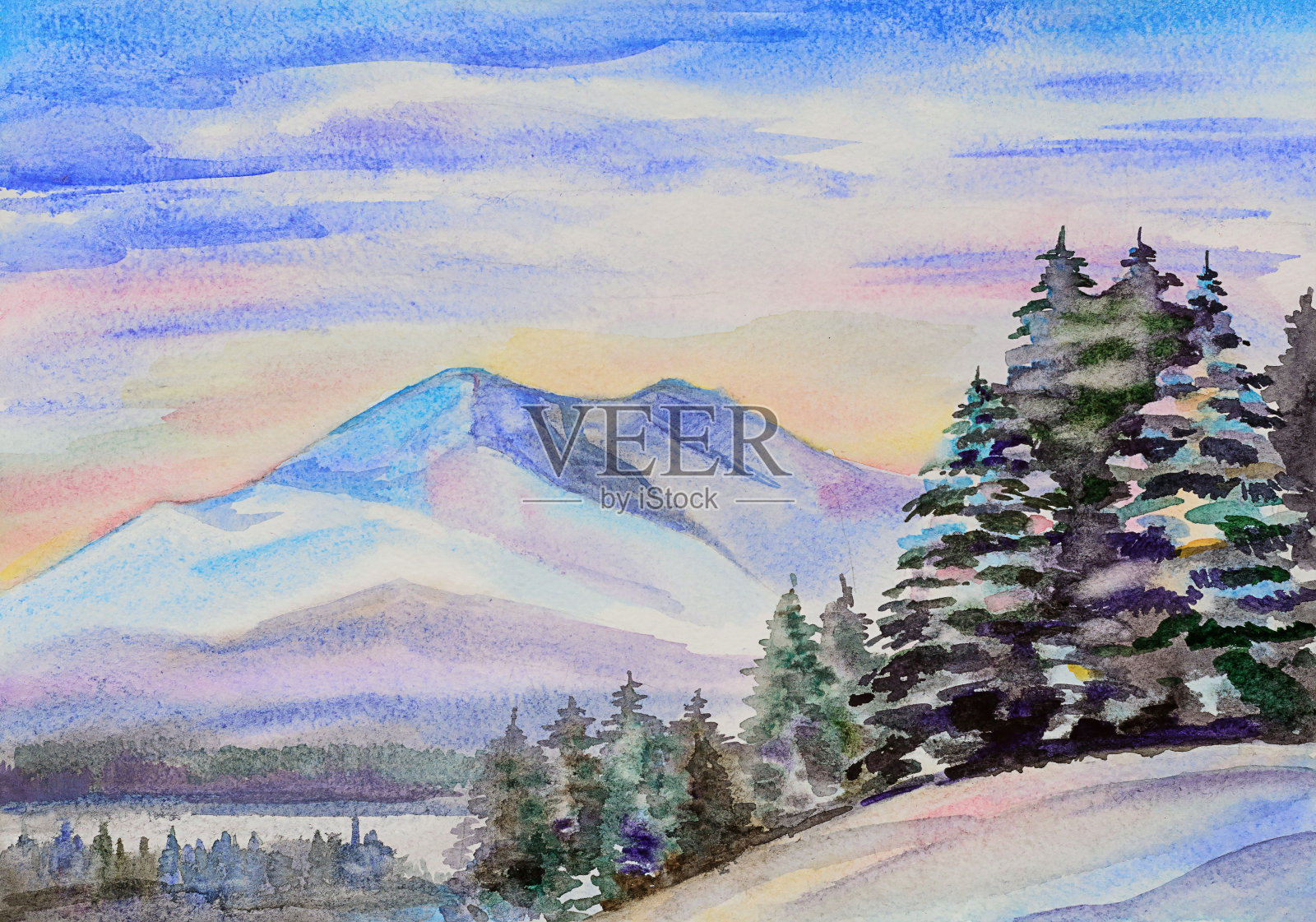 水彩手绘插画的冬季山景观与圣诞树插画图片素材