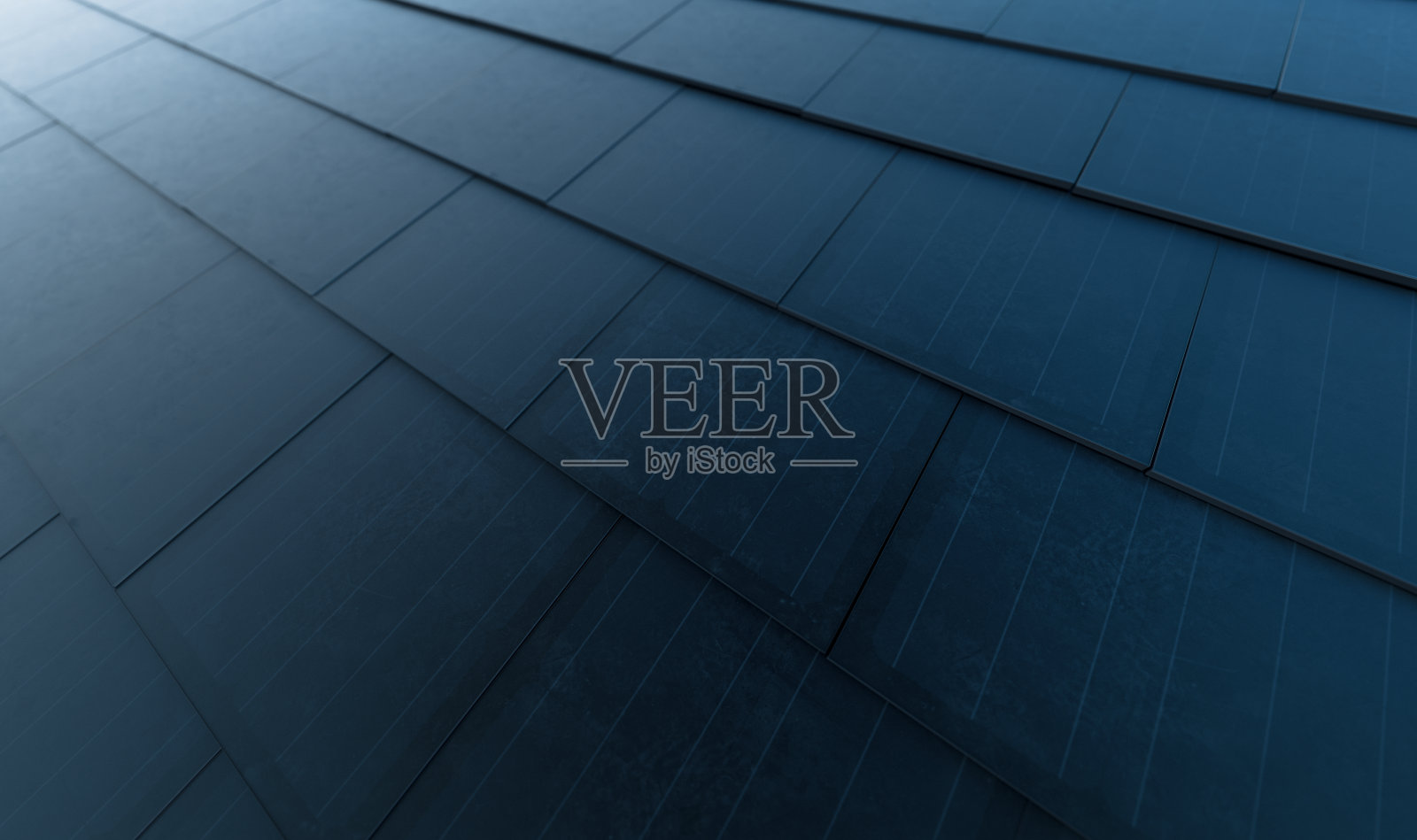 太阳能屋顶的概念。由现代单晶黑色太阳能屋顶瓦组成的集成建筑光伏系统。3 d渲染。照片摄影图片