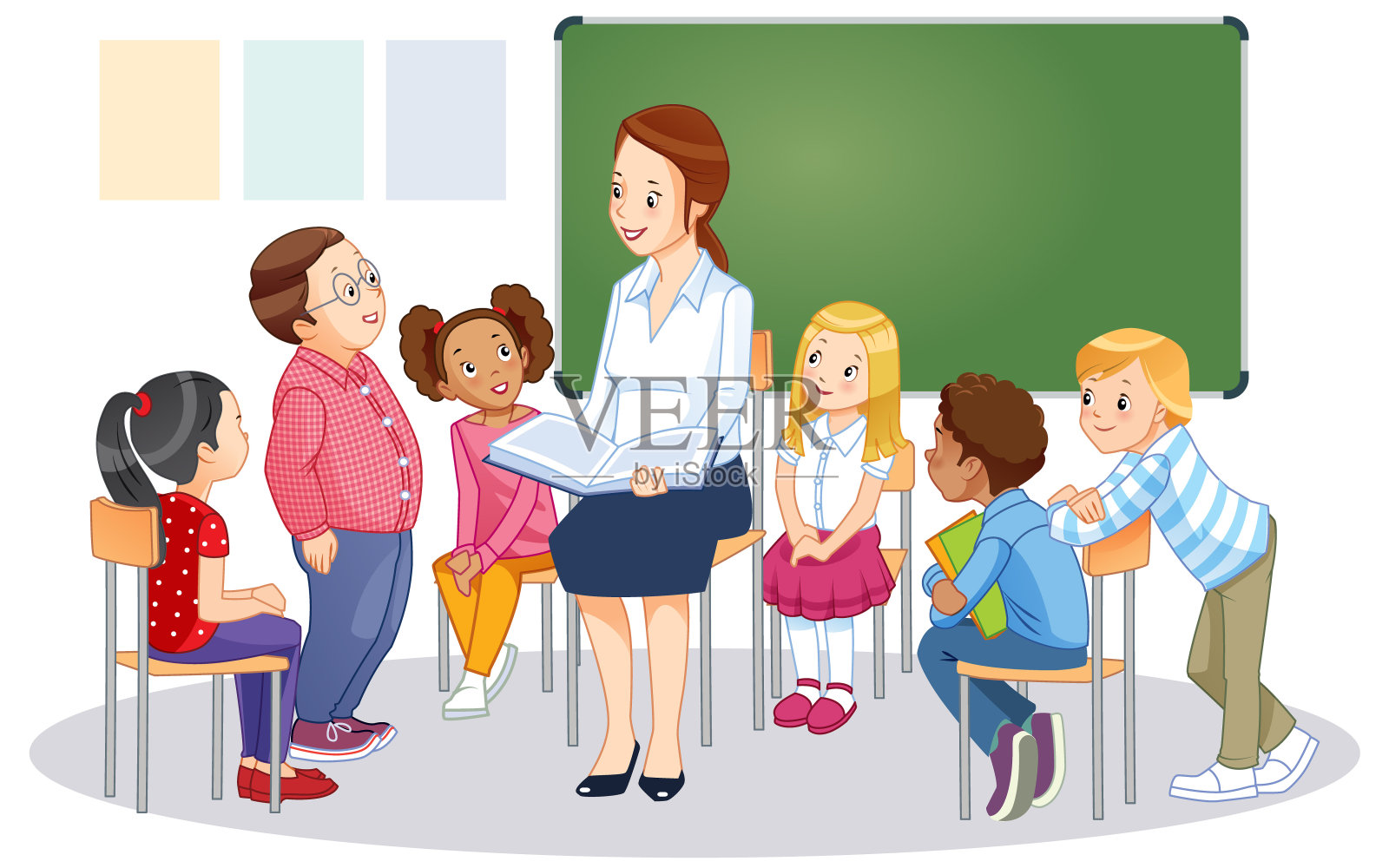 老师在教室里用黑板和孩子们在一起。卡通矢量孤立插图设计元素图片