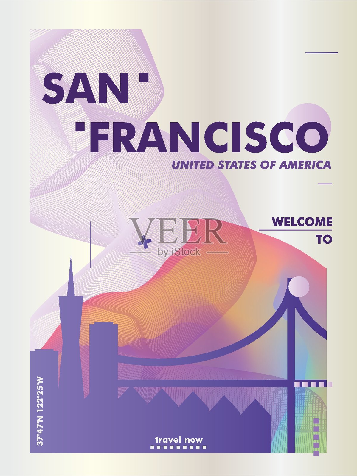 美国旧金山天际线城市梯度矢量海报设计模板素材