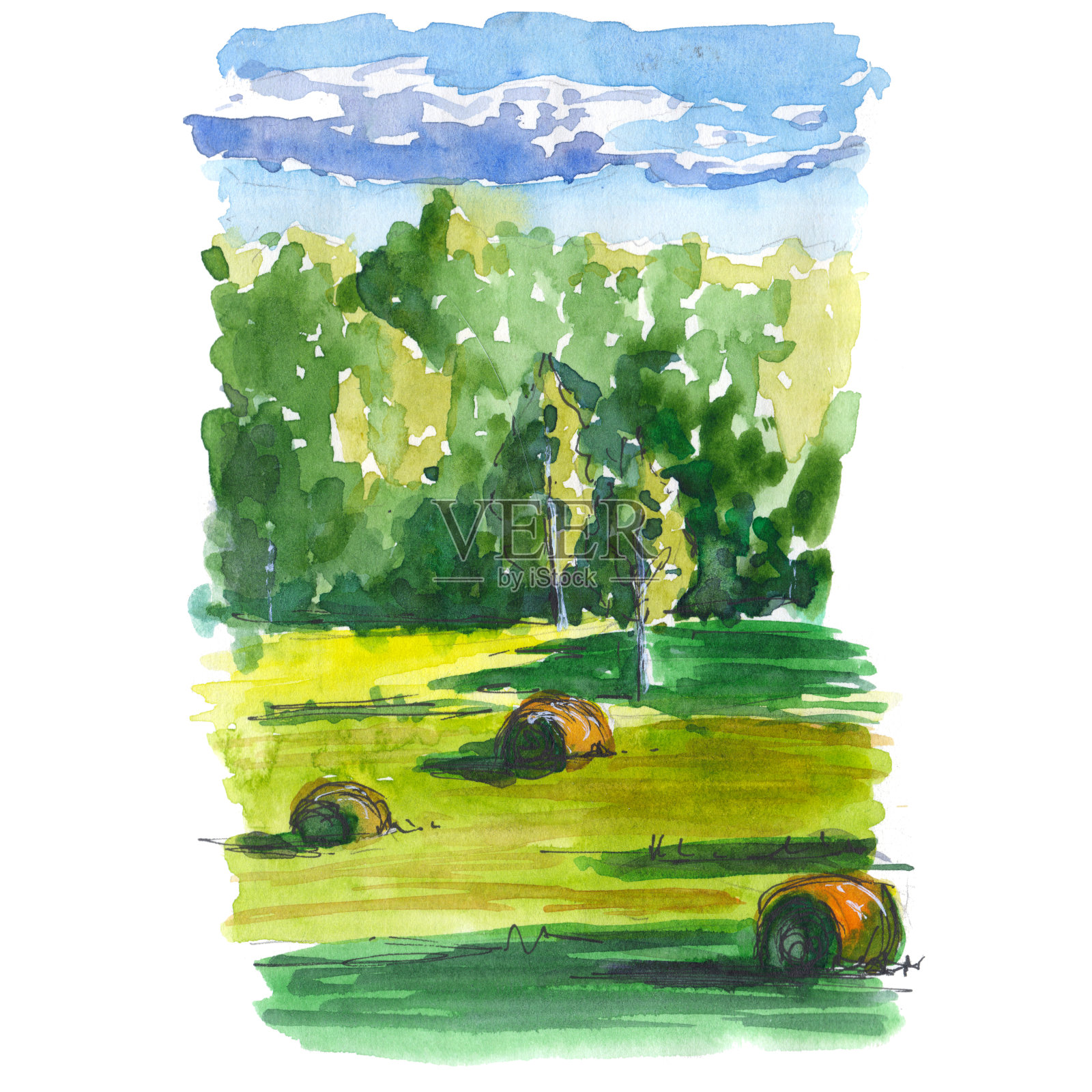 黄色草垛在绿色草地附近的森林-手绘水彩插图插画图片素材