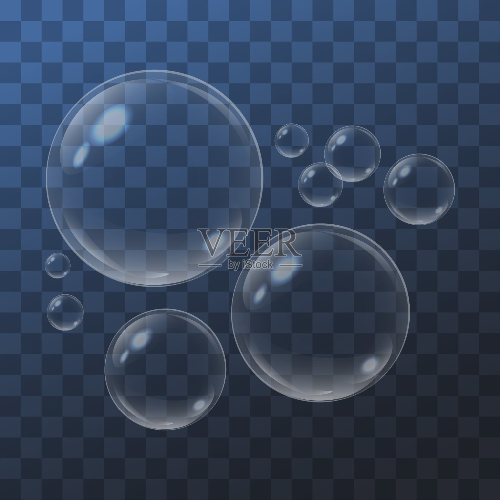现实的泡沫在蓝色透明的背景。向量设计元素图片