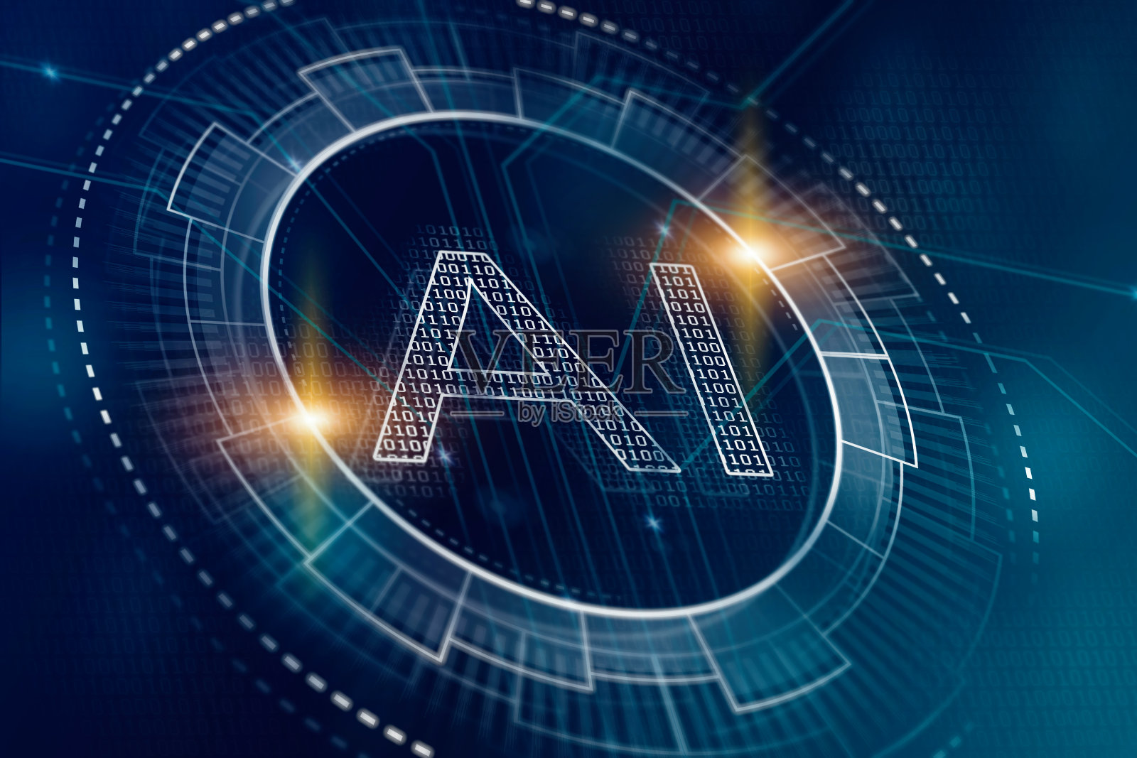 人工智能和机器学习的概念。AI符号上的数字蓝色未来主义背景。插画图片素材
