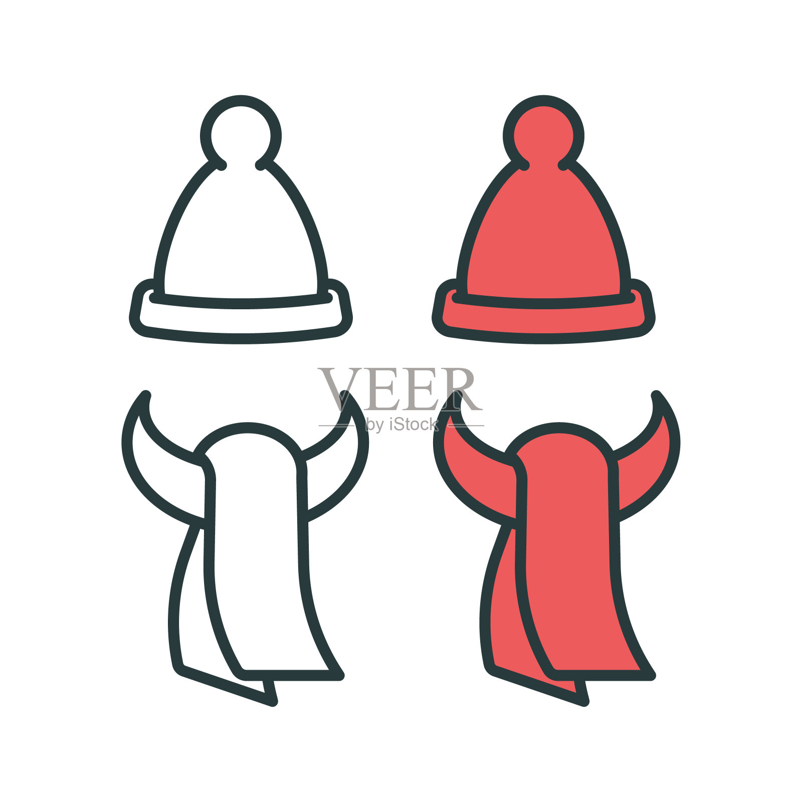 温暖的冬天，红帽子和围巾。白色背景上的一组图标。图标素材